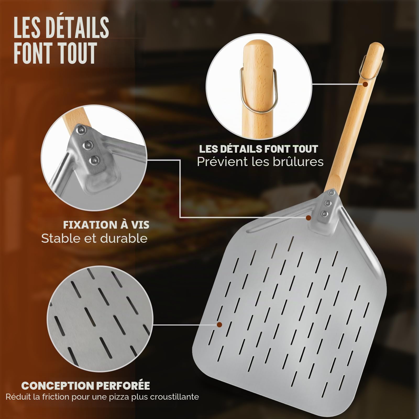 Pelle à Pizza Perforée, Professionnelle Pelle à Pizza avec Poignée, Coupe à Pizza en Acier Inoxydable, pour la Cuisson de Pizzas, Pain, 39×30.5 cm, Longueur totale 74 cm