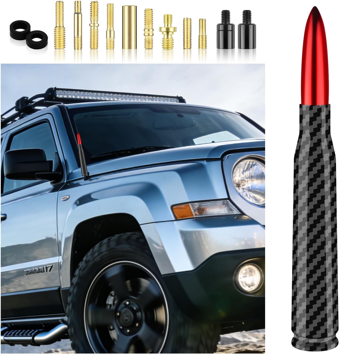 Car Bullet Antenna with 13 Car Antenna Replacement Accessories,Truck Antenna Decoration Compatible with Chevrolet Dodge Toyota GMC Jeep Ford (Black)
