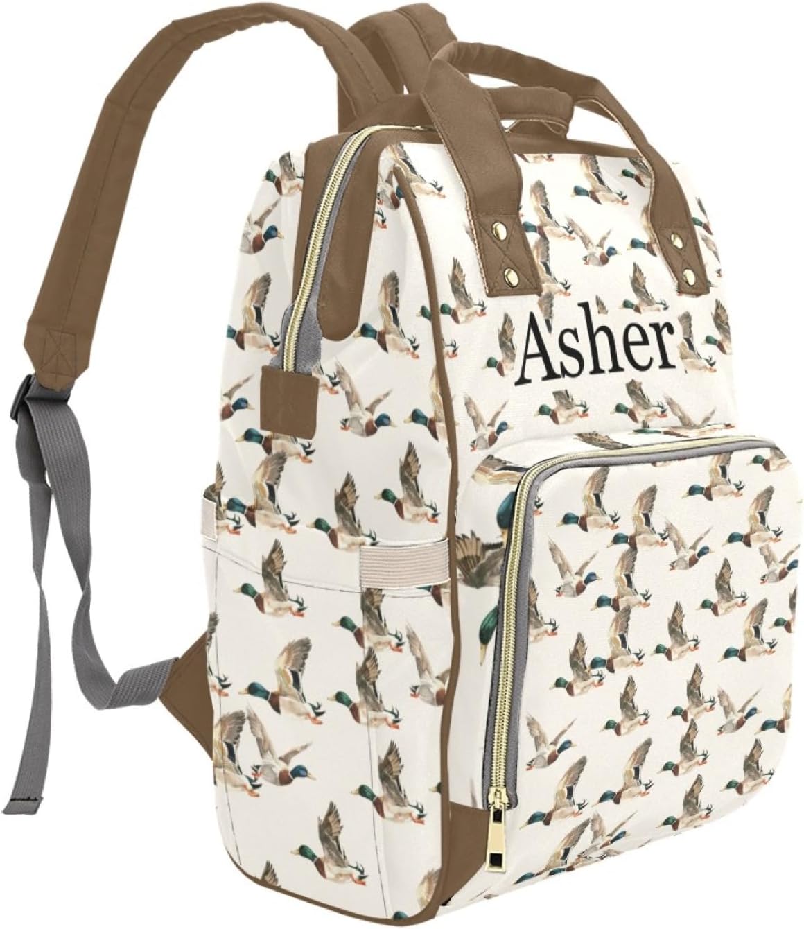 Custom Diaper Bag with Name Personalized Mallard Travel Backpack for Holiday Travel Customized Nappy Changing Bag with Pockets for New Mom