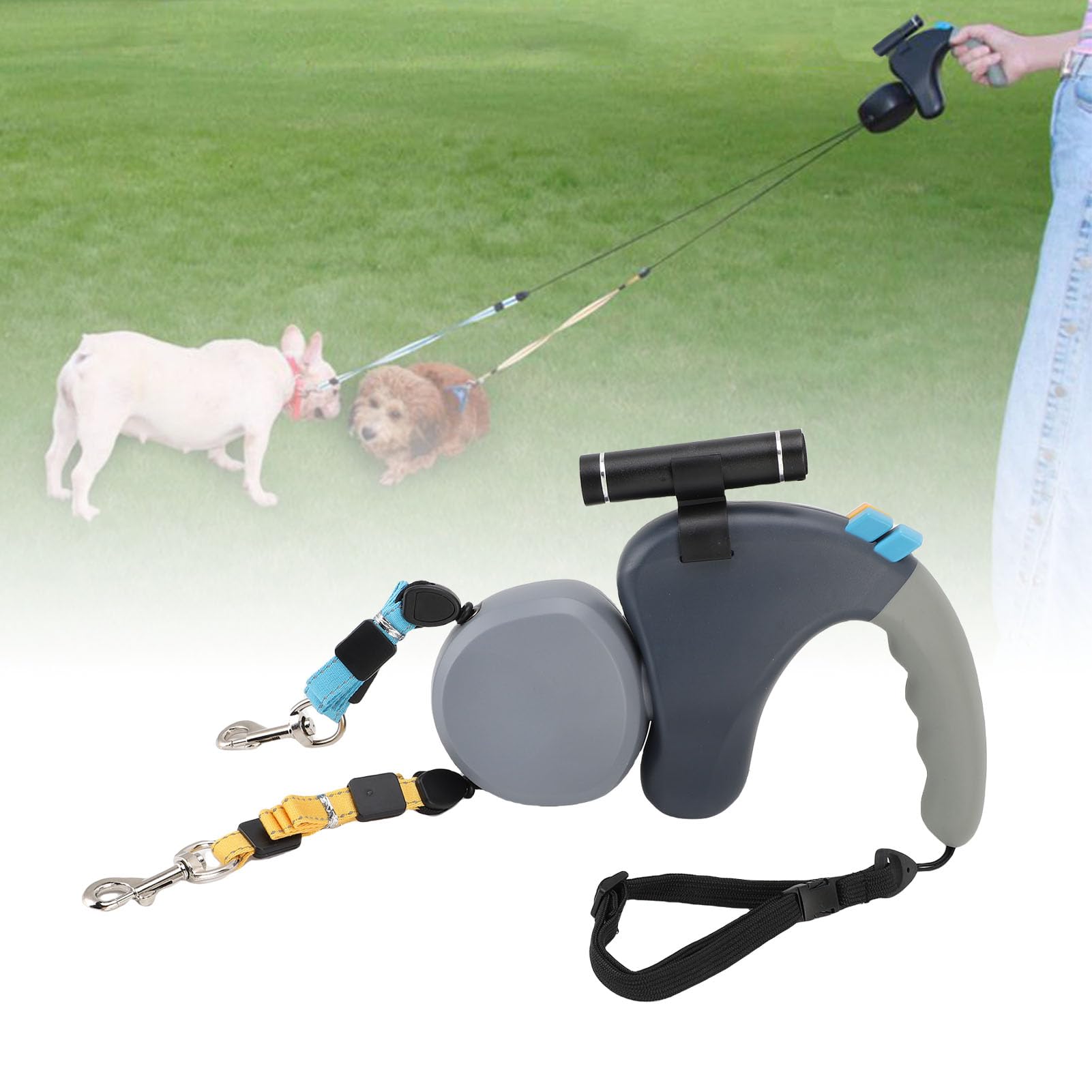Fabater Correa Retráctil Giratoria de 360° para 2 Perros con Luz LED, Correa Doble para Perros para Pequeños y Medianos, Control Independiente, Amortiguador sin Enredos para Pasear a Dos (Grey)