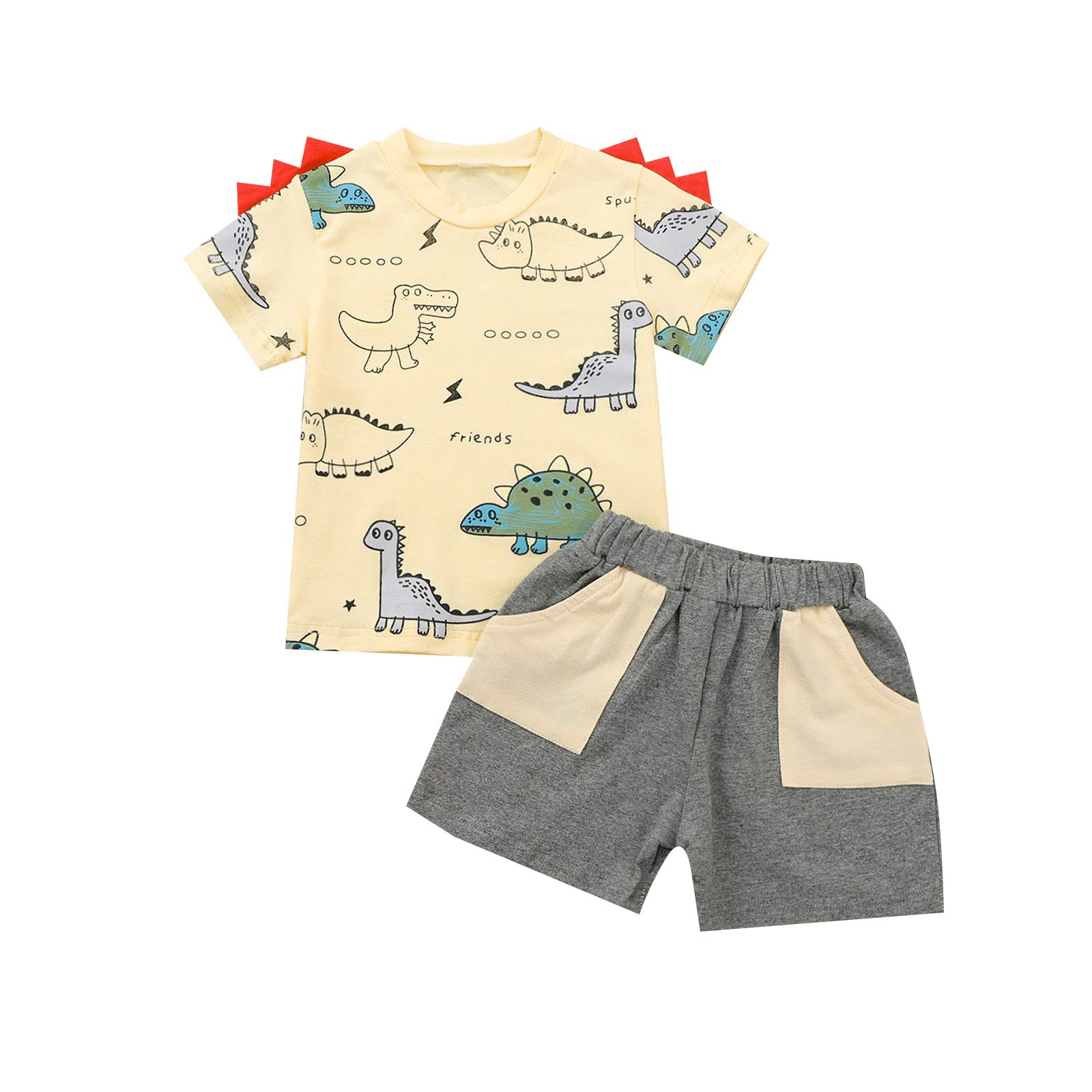 Summer Toddler Baby Boy Clothes Cartoon Dinosaur Letter Print Cotton Tops+Elastic Shorts 2PCS Outfit Set (Apricot,18-24 Months)