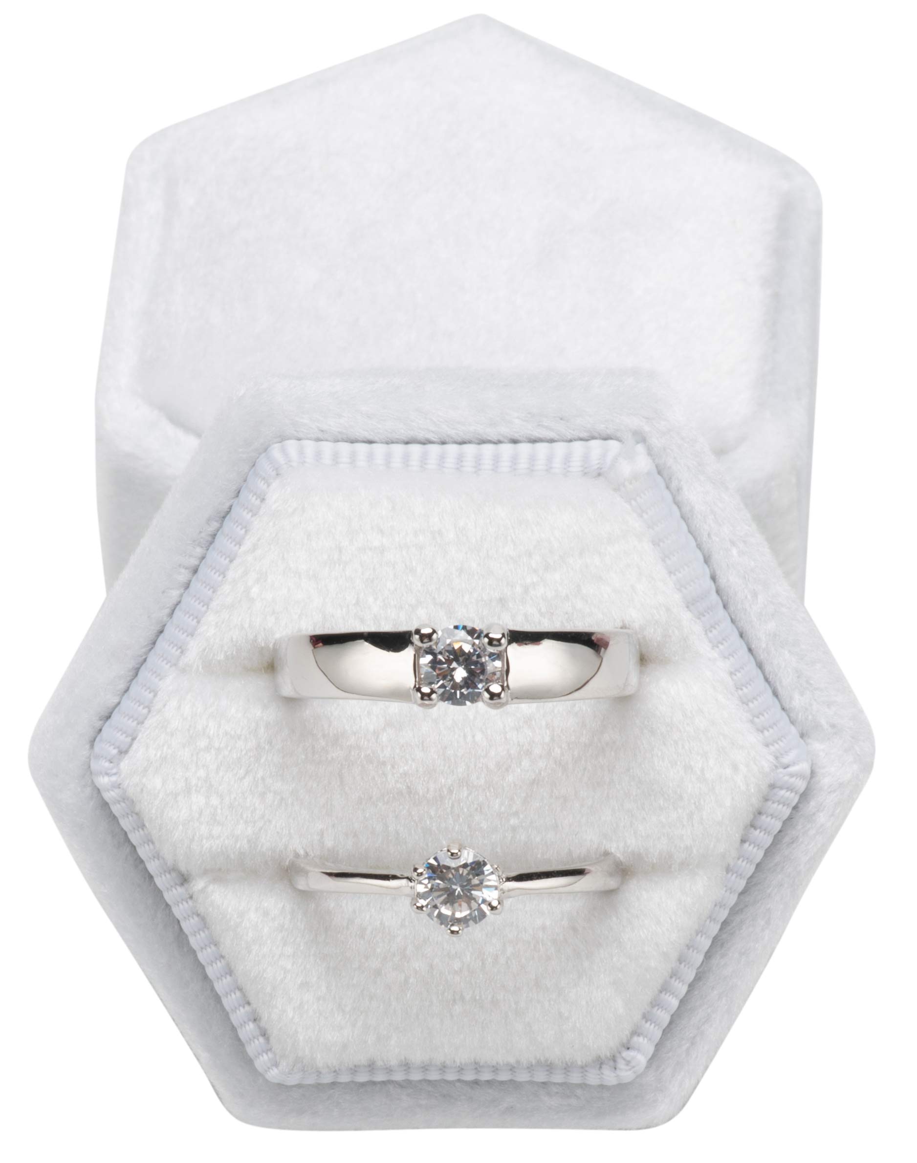 Vintage Hexagon Velvet Bearer Box Double Ring with Detachable Lid (White)