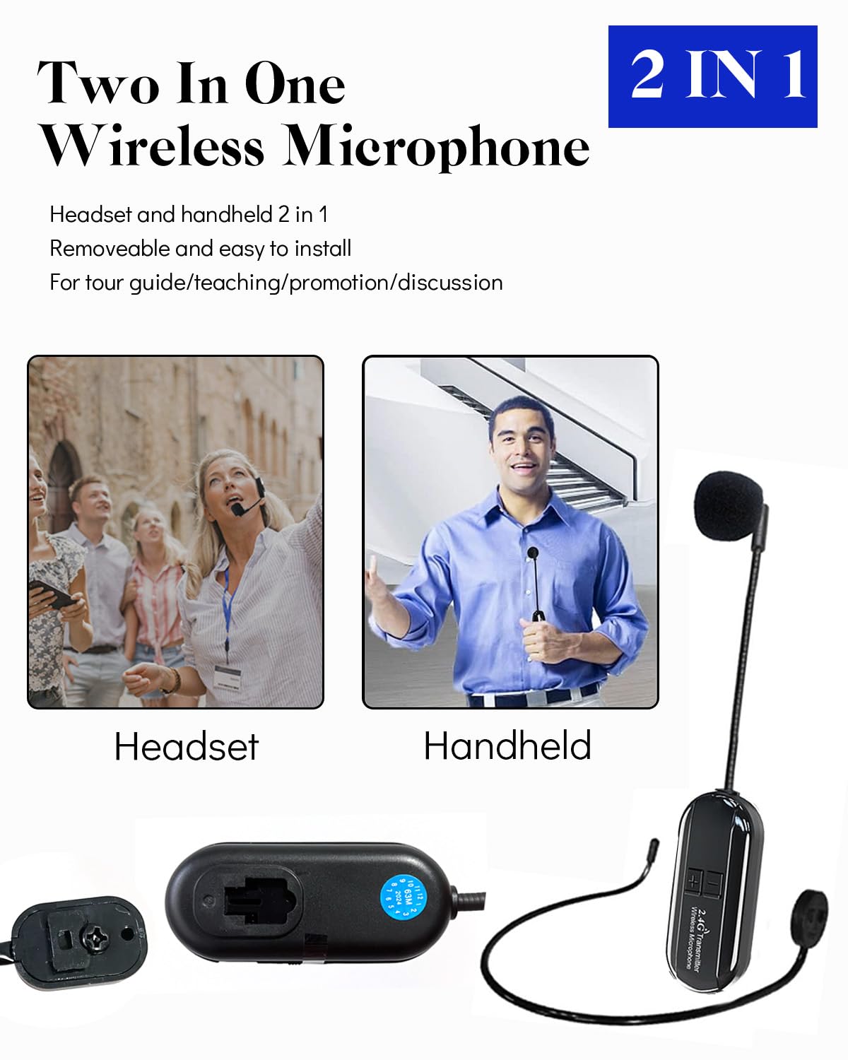 Archetto microfono senza fili, sistema di altoparlanti con microfono da testa 2.4G per insegnanti che parlano, microfono archetto wireless per corsi di fitness, trasmissione senza fili da 50 m