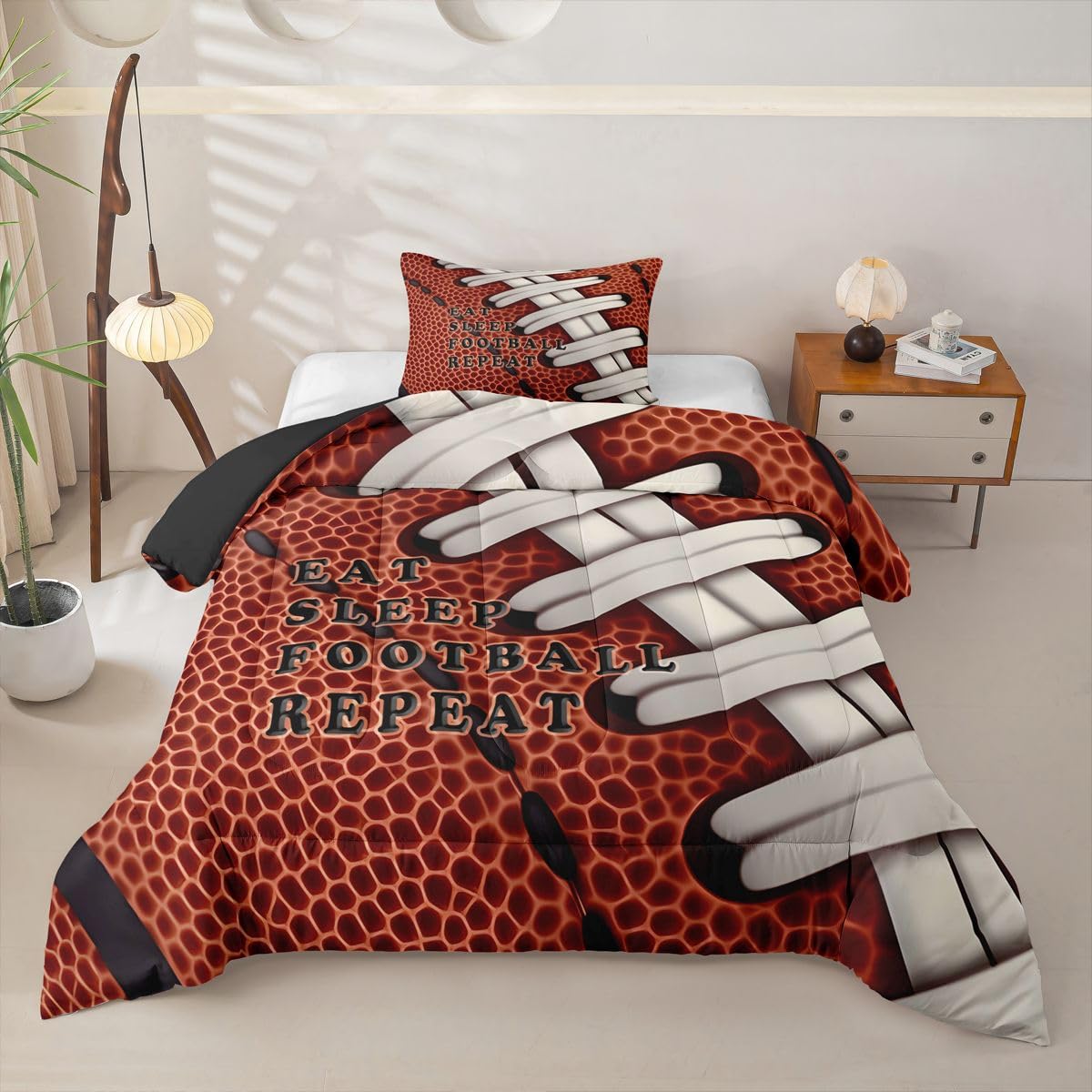 Feelyou Football Comforter Set Twin Size Rugby Bedding Set for Kids Boys Girls Eat Sleep Sports Theme Duvet Quilt Bedroom Decor Microfiber 2 Pcs with 1 Pillow Case
