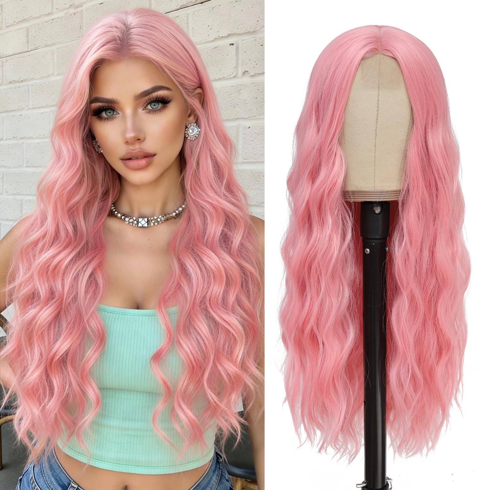 Pink Wig - Long Pink Wavy Wigs for Women Middle Part Pastel Pink Wig 26 inch Natural Curly Synthetic Wig Heat Resistant Fiber Wigs for Daily Party Use