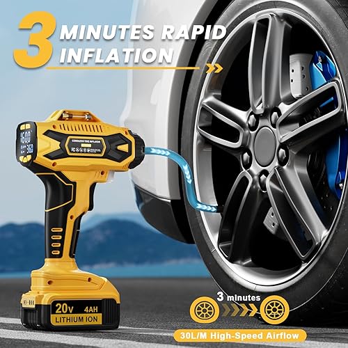 Miniatura 5 de Inflador de neumáticos inalámbrico, compresor de aire portátil compatible con batería Dewalt de 20 V Max, con batería de 4 AH y cargador, bomba de
