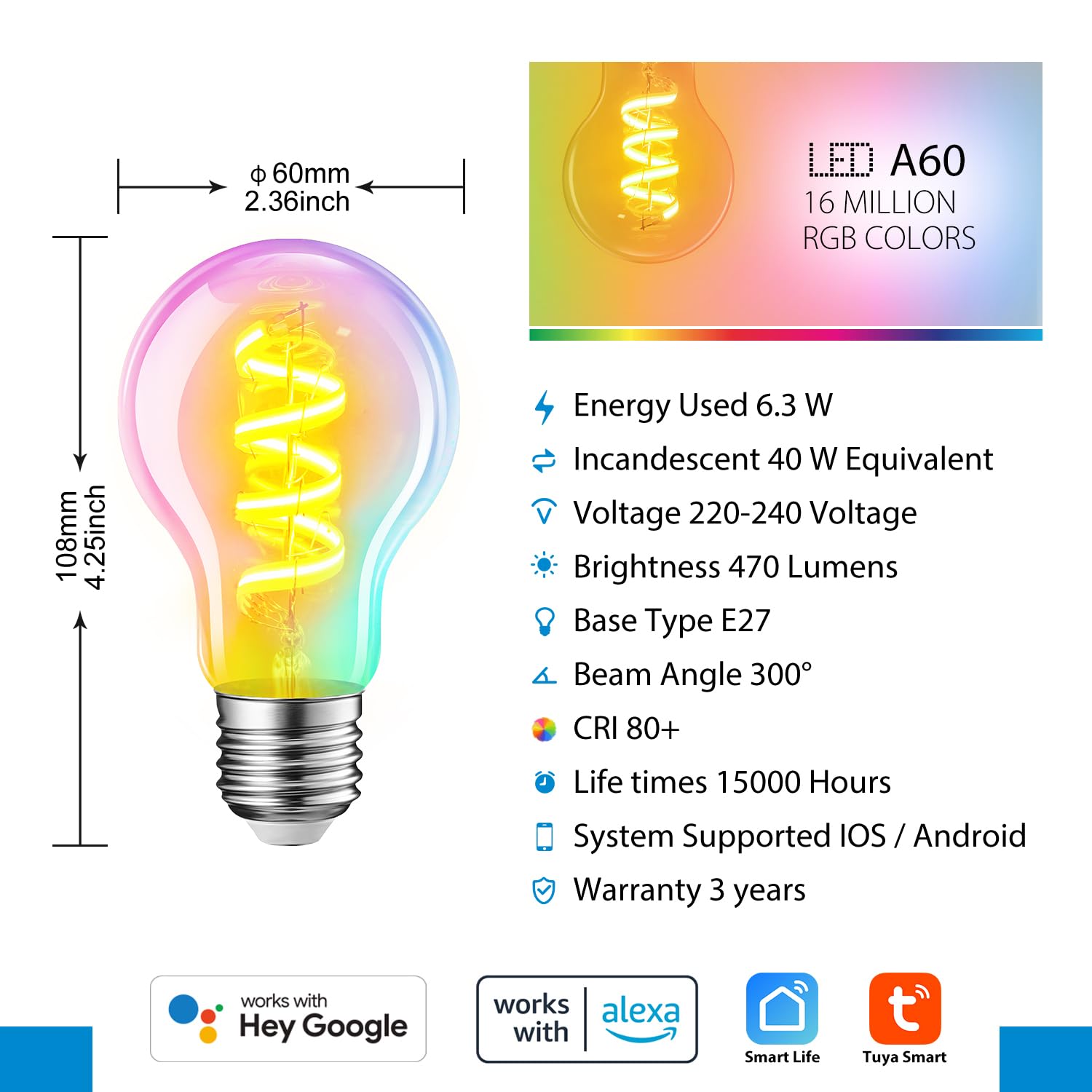 LVWIT Smart Filament Light Bulb,Alexa Dimmable LED Color Changing Light Filament Bulb,E27 WiFi RGB Smart Filament Bulb,Compatible with Alexa,Echo,Google Assistant Include Remote Control(6.3W,470LM) - Image 2