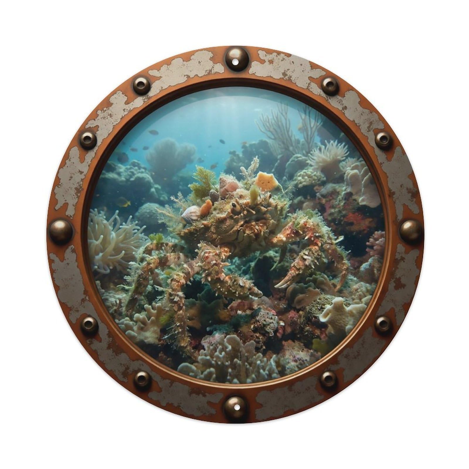 Odgynaw 8X8inch(20X20cm) Vintage Porthole Decorator Crab Nautical Window View Metal Tin Sign