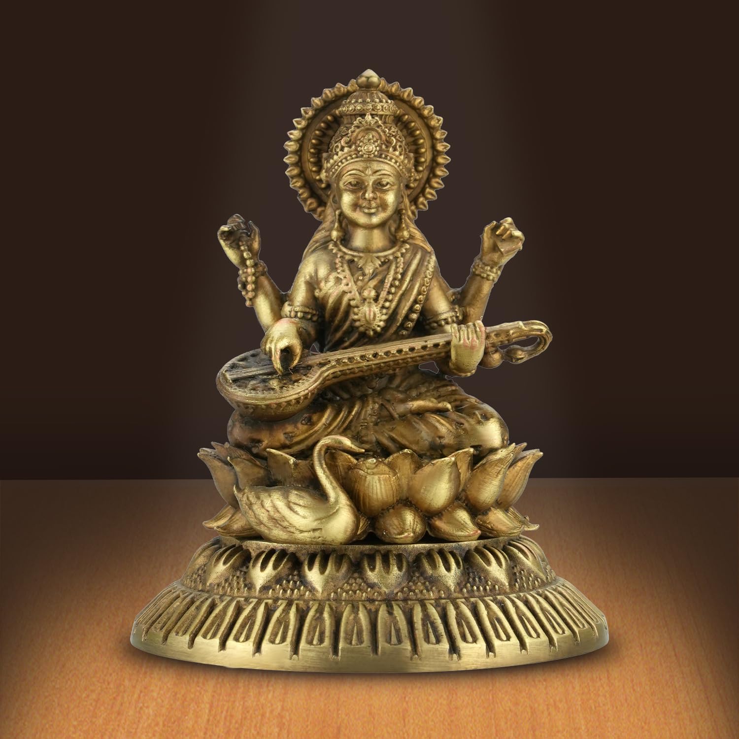 Saraswati Brass Idol with Veena Statue (Murti) for Study Table, Home & Office Decor, Worship & Gift- 60 mm-image-18