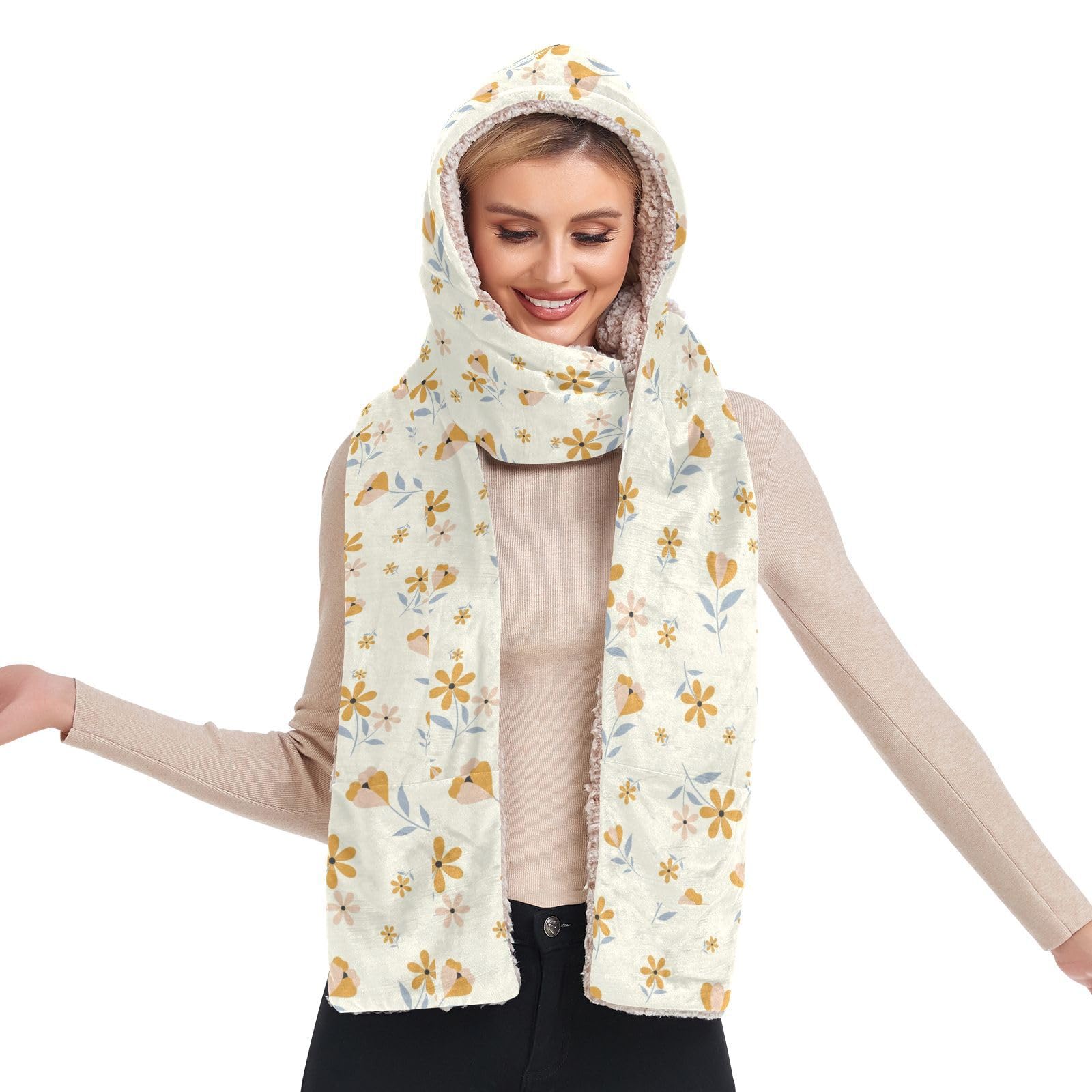 Bolaz Women Winter Warm Hoodie Hat Scarf -Cute Floral Seamless Pattern ? Long Scarf Wraps with Gloves Pocket?Three-in-One Design, and Outdoor Versatility
