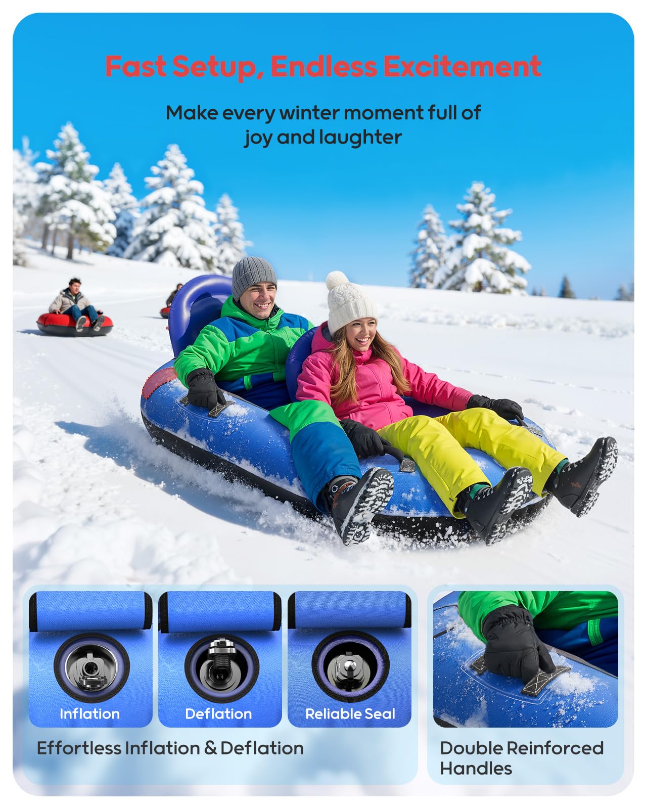 Neumático de nieve inflable para niños y adultos con dos respaldos y cuerda de tracción, asas, válvulas de soplado rápido (azul)