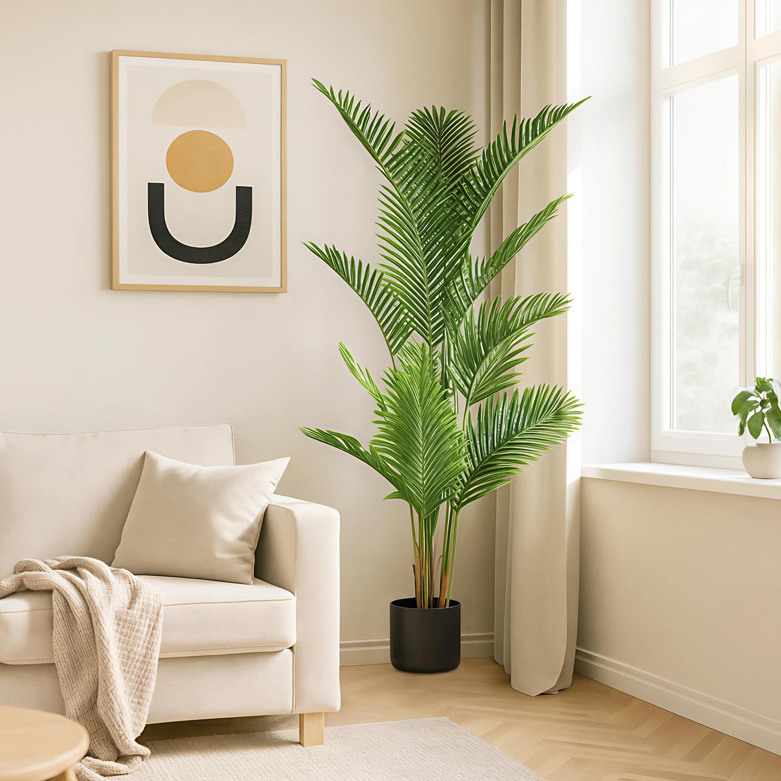 Hohe künstliche Palme für Innenräume – Lebensechter Areca-Baum mit realistischen grünen Blättern; große künstliche Tropenpflanze im schwarzen Topf für Zuhause, Büro, Wohnzimmer, Schlafzimmer