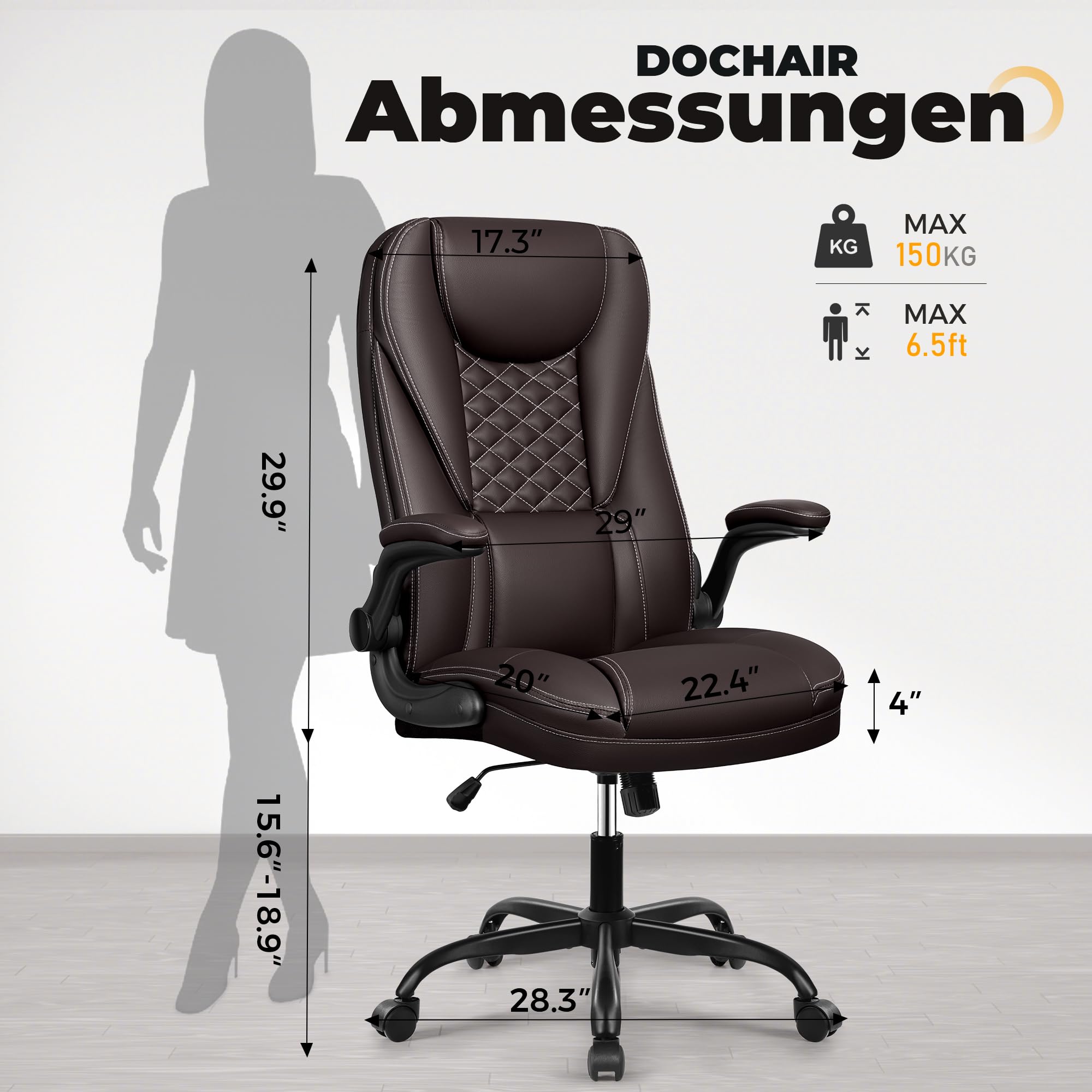 Sedia da ufficio, ergonomica, da scrivania, con funzione basculante, regolabile in altezza, con poggiatesta, braccioli, 150 kg, caffè