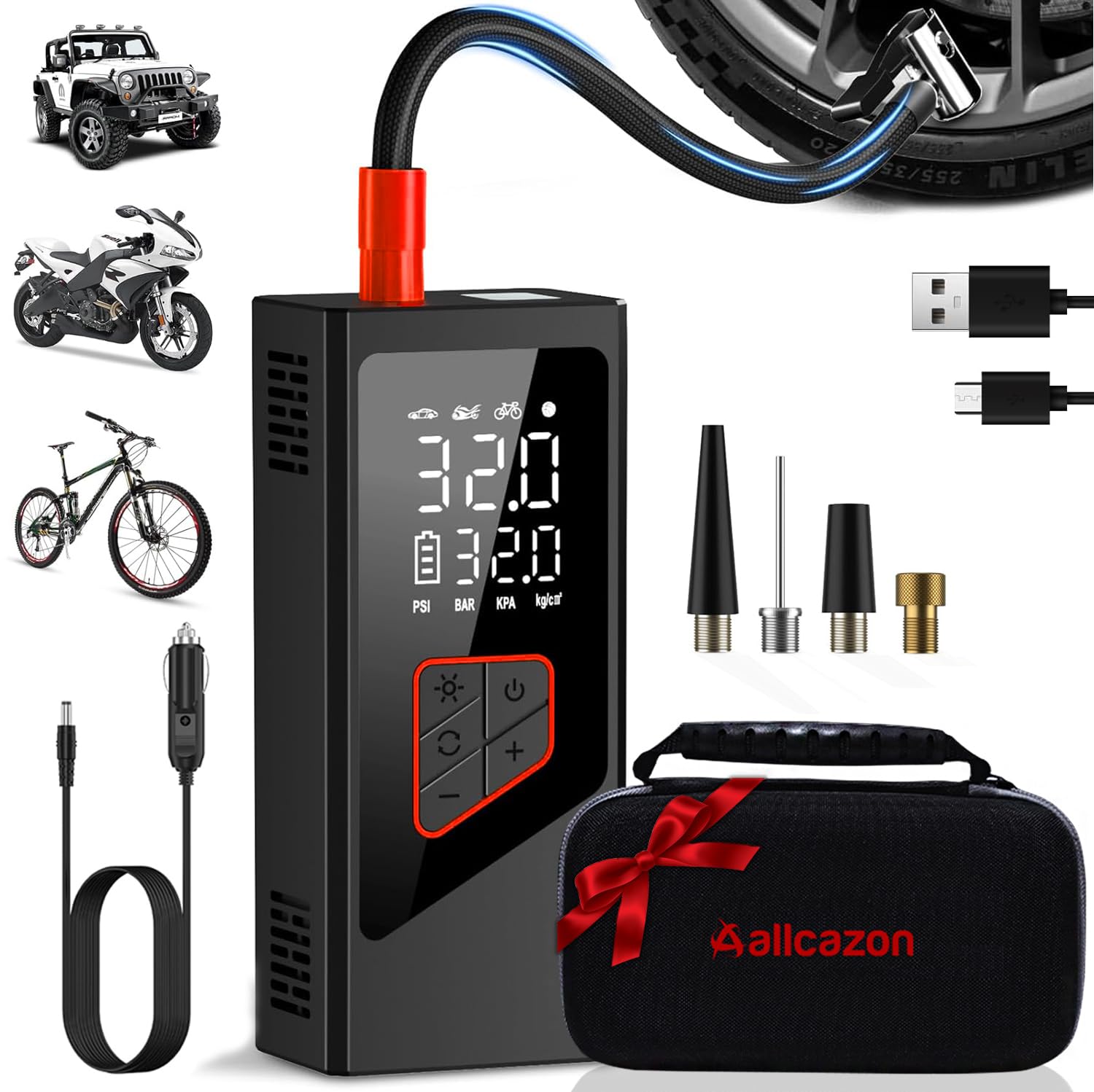 Inflador de neumáticos, compresor de aire portátil, inflador de neumáticos portátil de 150 PSI para automóvil, bomba de aire para neumáticos de automóvil con herramientas de medidor de presión de