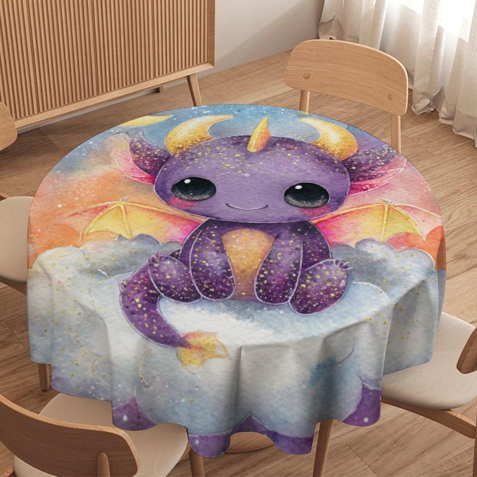 LUYYSKY Classic Fantasy Dragons Round Tablecloth Beautiful Anime Galaxy Starry Sky Fantasy Animals Dragons Print Washable Decor for Table Cover for Kitchen-91.4" Wx91.4 L cm
