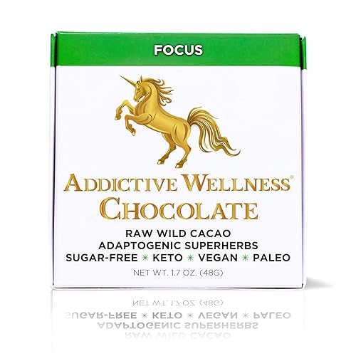 Addictive Wellness Chocolate crudo FOCUS sin azúcar, paquete de 12 unidades, vegano y paleo, superalimentos y superhierbas puramente