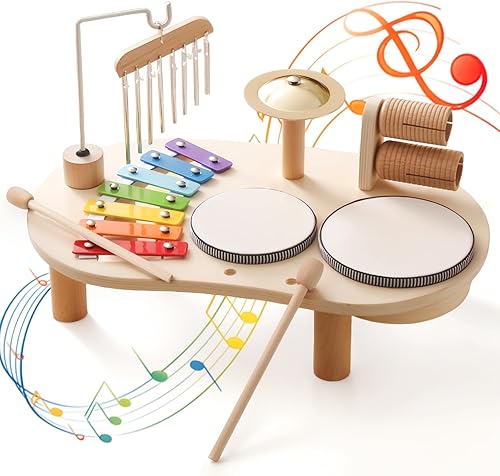 Promise Babe Juego de batería de madera para niños pequeños de 1 a 3 años, instrumentos de percusión musical para niños, juego de batería para