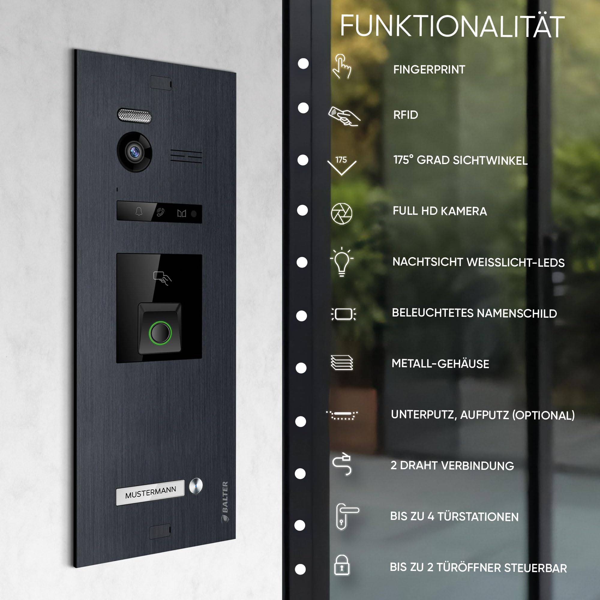 Balter EVO-HD Video Türsprechanlage mit Fingerprint, Video Türklingel, 1 Familienhaus, 1x 7 Zoll Monitore, Türklingel mit Kamera Full HD, 2 Draht Bus, 175° Weitwinkel, RFID,1080P