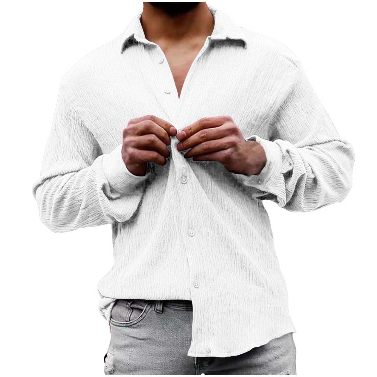 MMOOVVMen's Fashion Spring Autumn Casual Long Sleeve Wrinkled Solid Color Shirt Tops Shirt Glitter Men