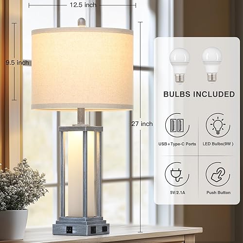 Miniatura 2 de 27" Tall Vintage Table Lamp Set of 2 with USB C+A & Outlet,Gray Nightstand Lamp for Living Room,Retro Bedside Lamps with Frosted Glass Night Light