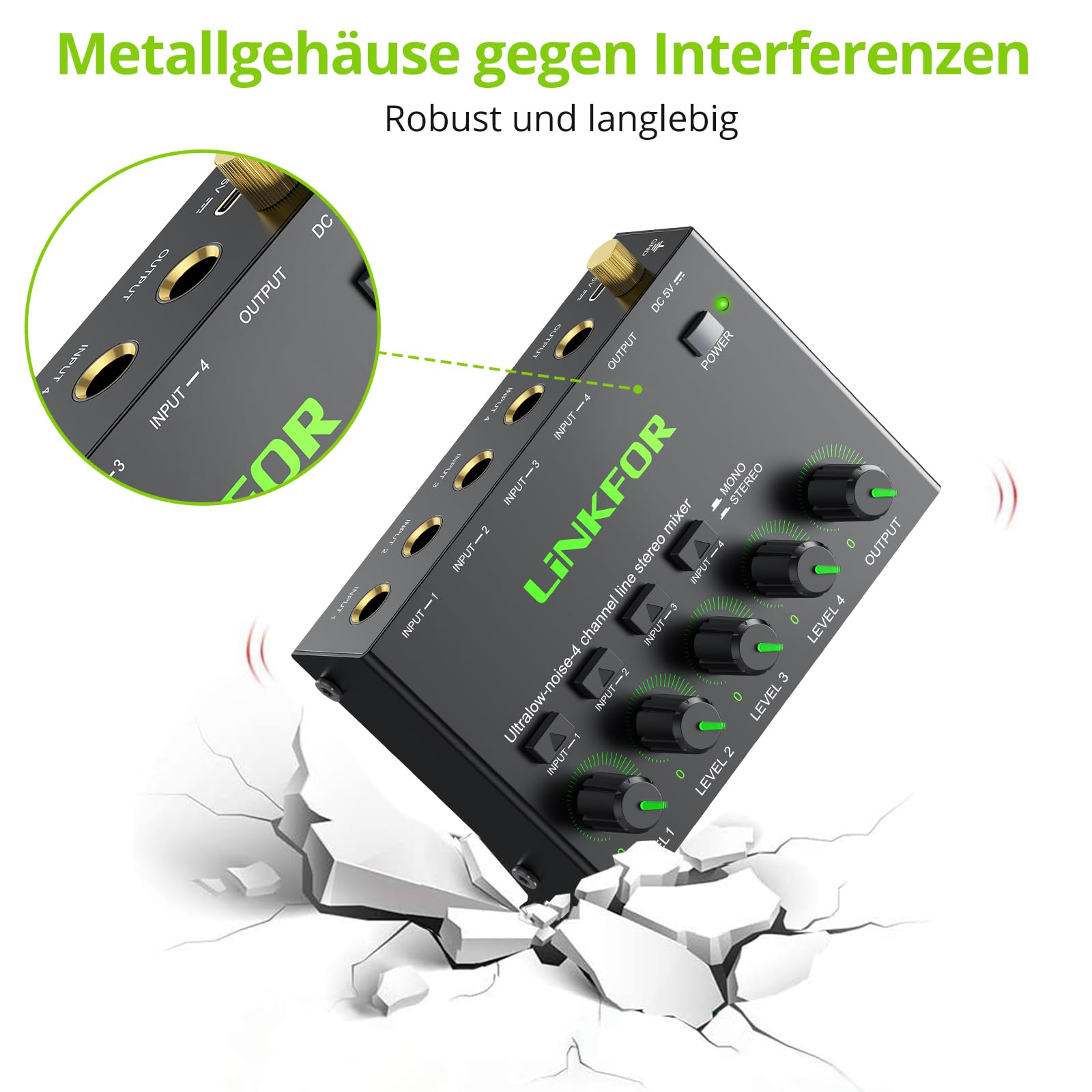 LiNKFOR 4 Kanal Stereo Audio Mixer, Ultra Niedriges Rauschen, Unabhängige Lautstärkeregelung, DC 5V Type-C Mini-Audiomischer mit Netzteil Audiokabel für Mikrofone, Gitarren, Bässe, Keyboards