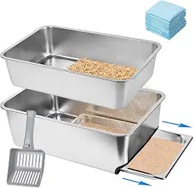 Caixa de areia de aço inoxidável de 69 x 39 x 20 cm, caixa de areia para peneiramento removível XXL para pellets de pinheiro, sistema de caixa de areia de metal com laterais altas para gatos grandes