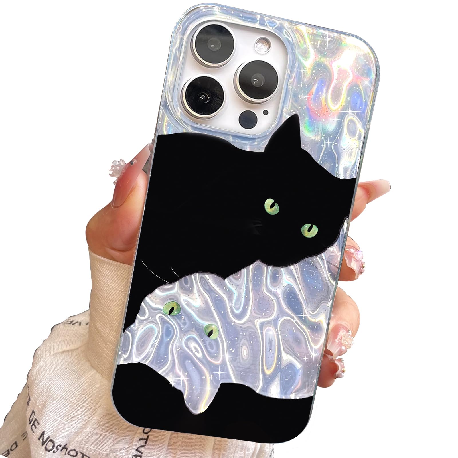 buccilly Compact Case for iPhone 16 Pro Shiny cat Design,Cute Sparkle Bling Soft Slim TPU Shockproof Protective Bumper Phone Cases Cover for Women