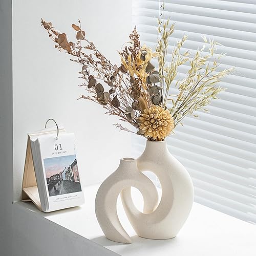 Miniatura 6 de Snuggle Hollow Ceramic Vase Set of 2 for Coffee Table Decor, Donut Decorative Vases for Boho Modern Table Centerpieces Home Living Room Entryway