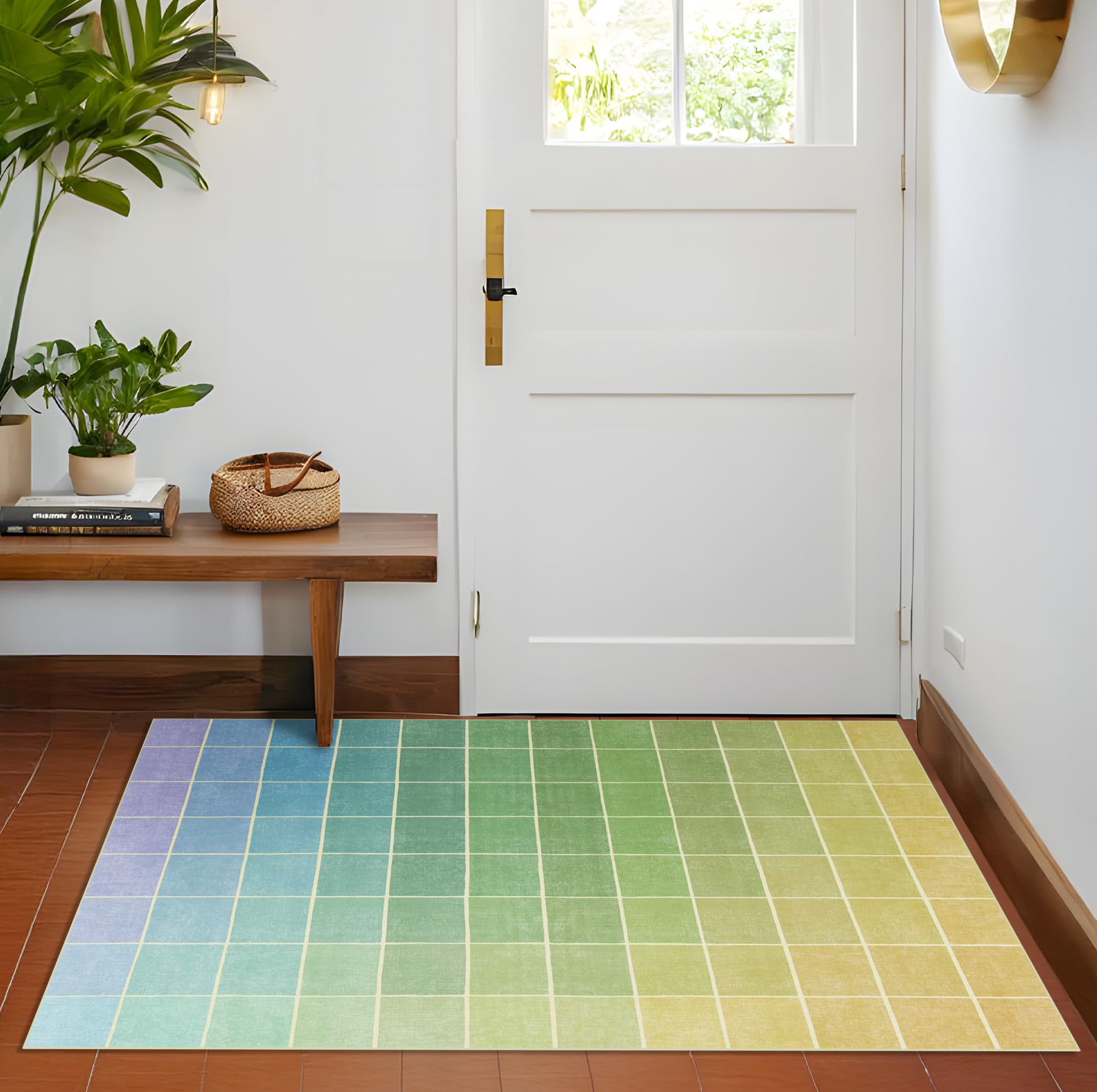 Mid Century Modern Ombre Green Checkered Rug 3x5, Retro Eclectic Colorful Rainbow Contemporary, Washable Area Rugs Non Slip Low Pile for Large Entryway Kitchen Laundry Room Bedroom Beside Bed