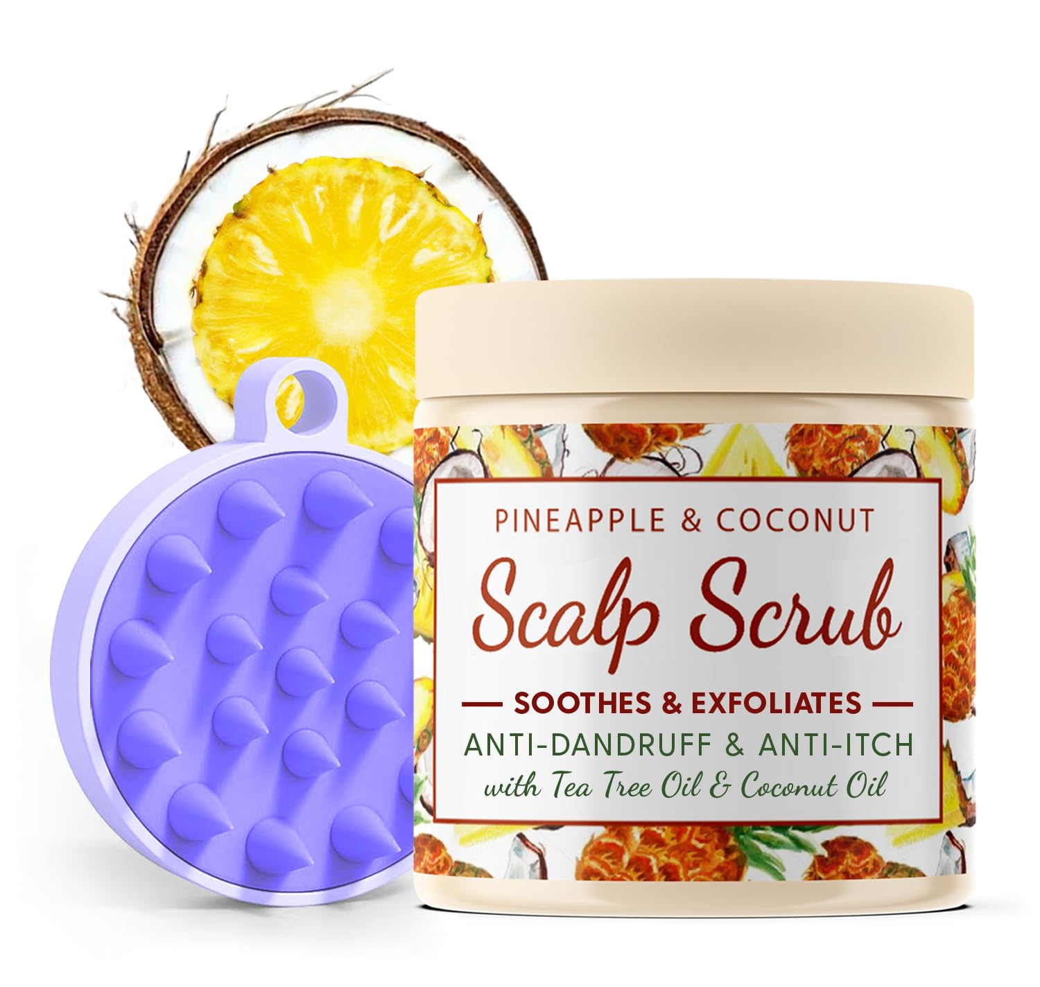 CalmGrace Exfoliating Scalp Scrub in Bigger Size with Silicone Brush | Fortified with Dead Sea Salt, Tea Tree Oil, Coconut Oil & Vitamin C, E | Detox Hair Care Set for Dandruff & Itchy Scalp
