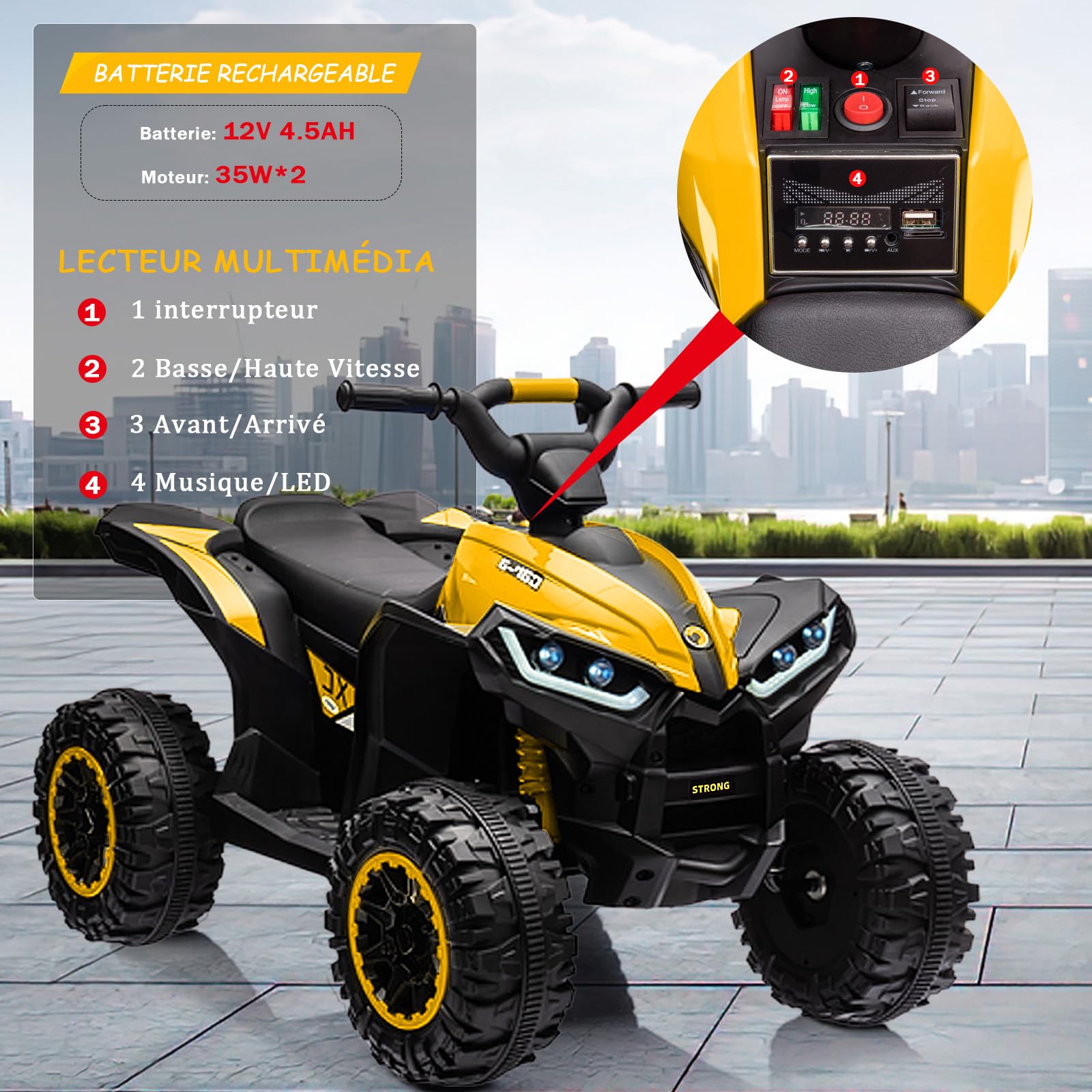12V Quad elettrico per bambini, auto elettrica per bambini ATV con musica, clacson, faro LED, 83 x 53 x 56 cm, per bambini 3-8 anni (Giallo)