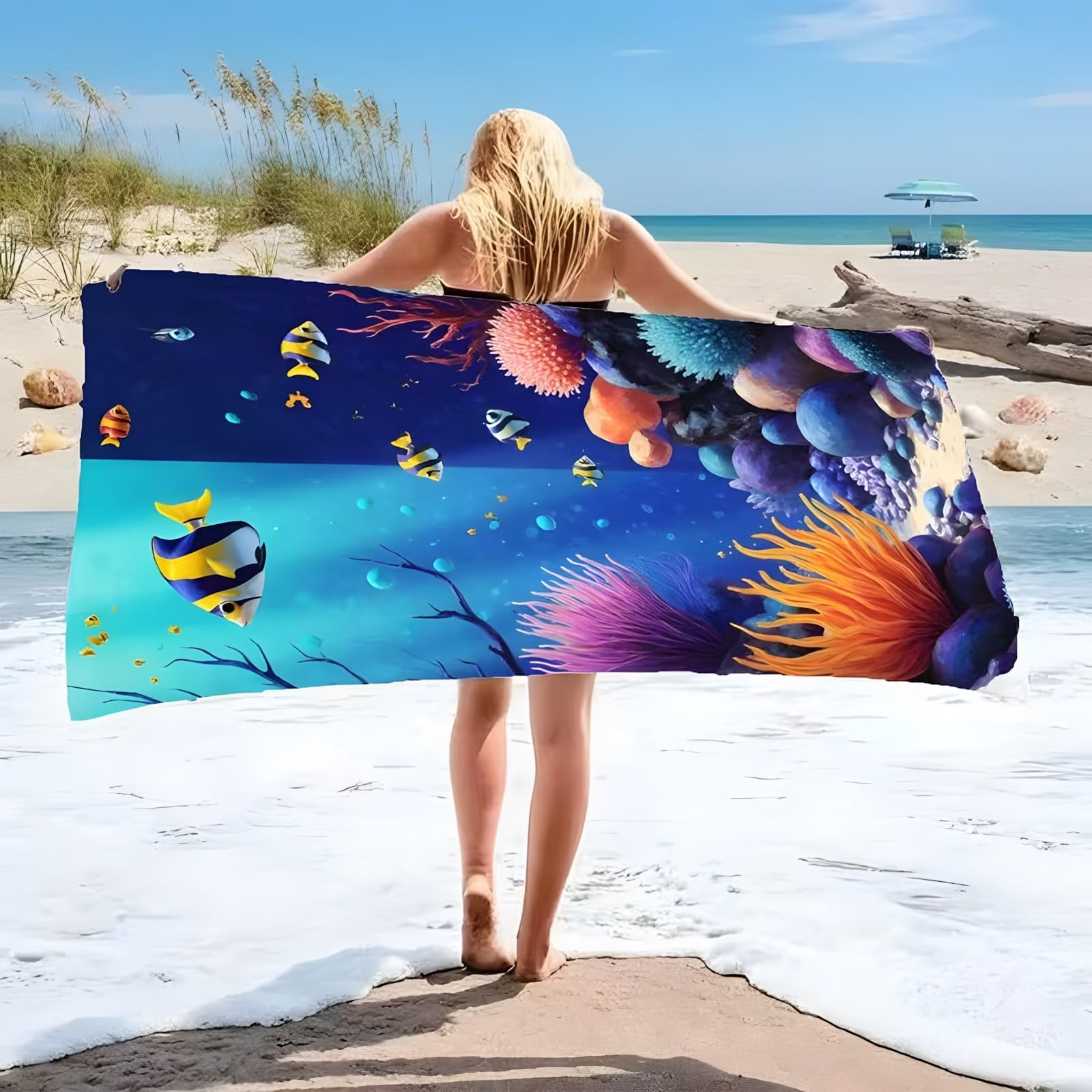 Telo Mare Pesci Asciugamano da Spiaggia Alghe Telo Mare Microfibra 145x200 cm,Senza Sabbia, ad Asciugatura Rapida, Assorbente, Salvietta da Spiaggia Compatta