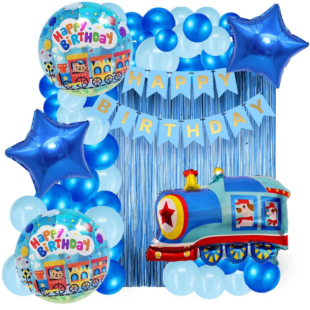 58 Pcs Train Birthday Decorations Boys kit, Birthday Party Supplies with Train Foil Balloons Birthday Banner,Latex Balloons and Curtains for Kids Train Birthday Party Decoration