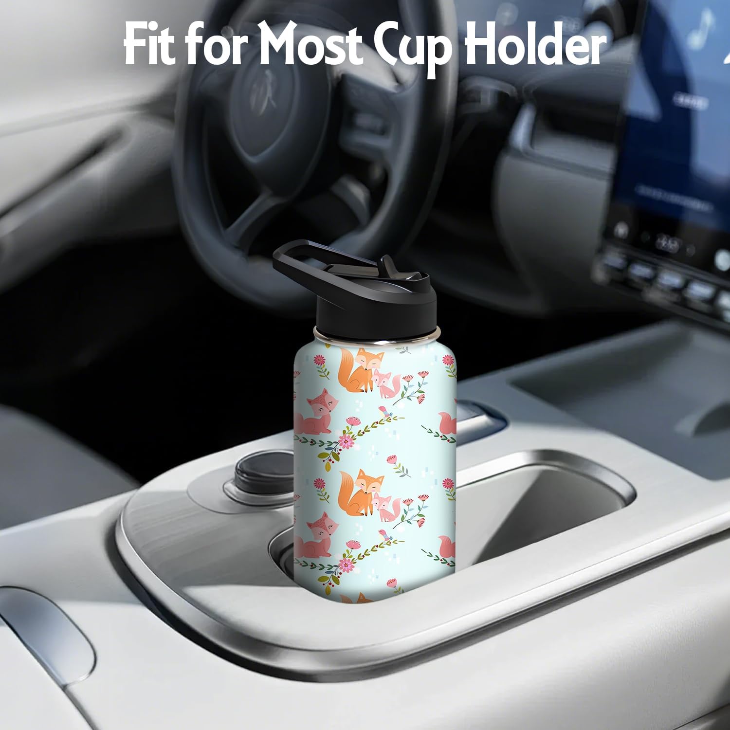 32oz Fox Water Bottle with Handle and Flip Straw, Sports Stainless Steel Insulated Cup Travel Coffee Mug Tumbler, Birthday Mothers Day Chritmas Gifts for Women