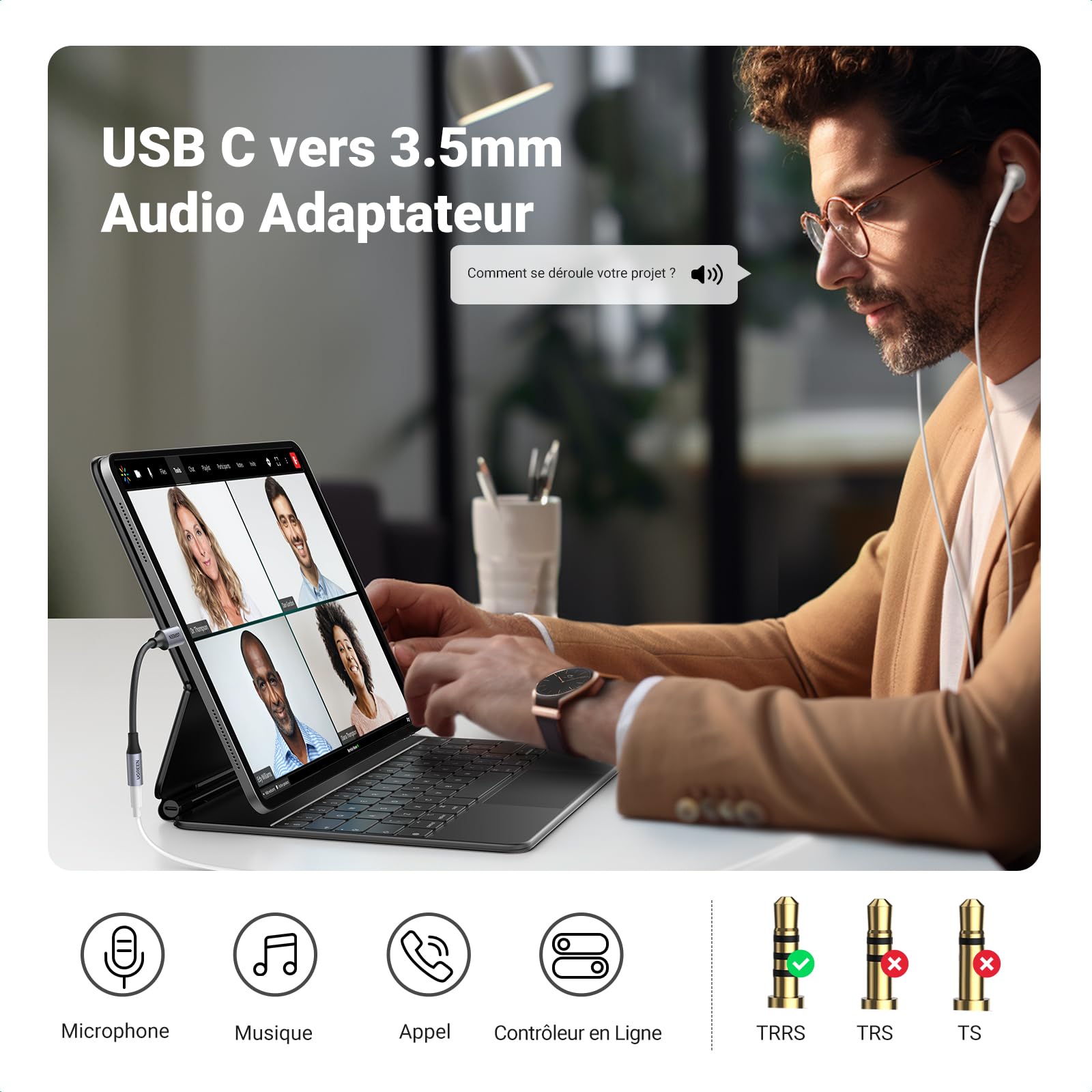 UGREEN Adaptateur USB C Jack 3.5mm TRRS DAC Compatible iPhone 17 Pro Max Galaxy S25 S24 Pixel 10 MacBook iPad Pro Câble Casque Micro Numérique 4 Pôles Gris
