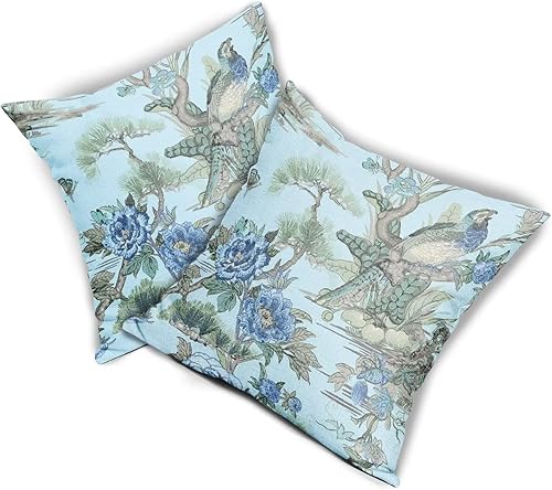 Miniatura 2 de Juego de 2 fundas de almohada de 18 x 18 pulgadas con diseño de flores azules y pájaros, fundas de almohada decorativas de lino con acuarela