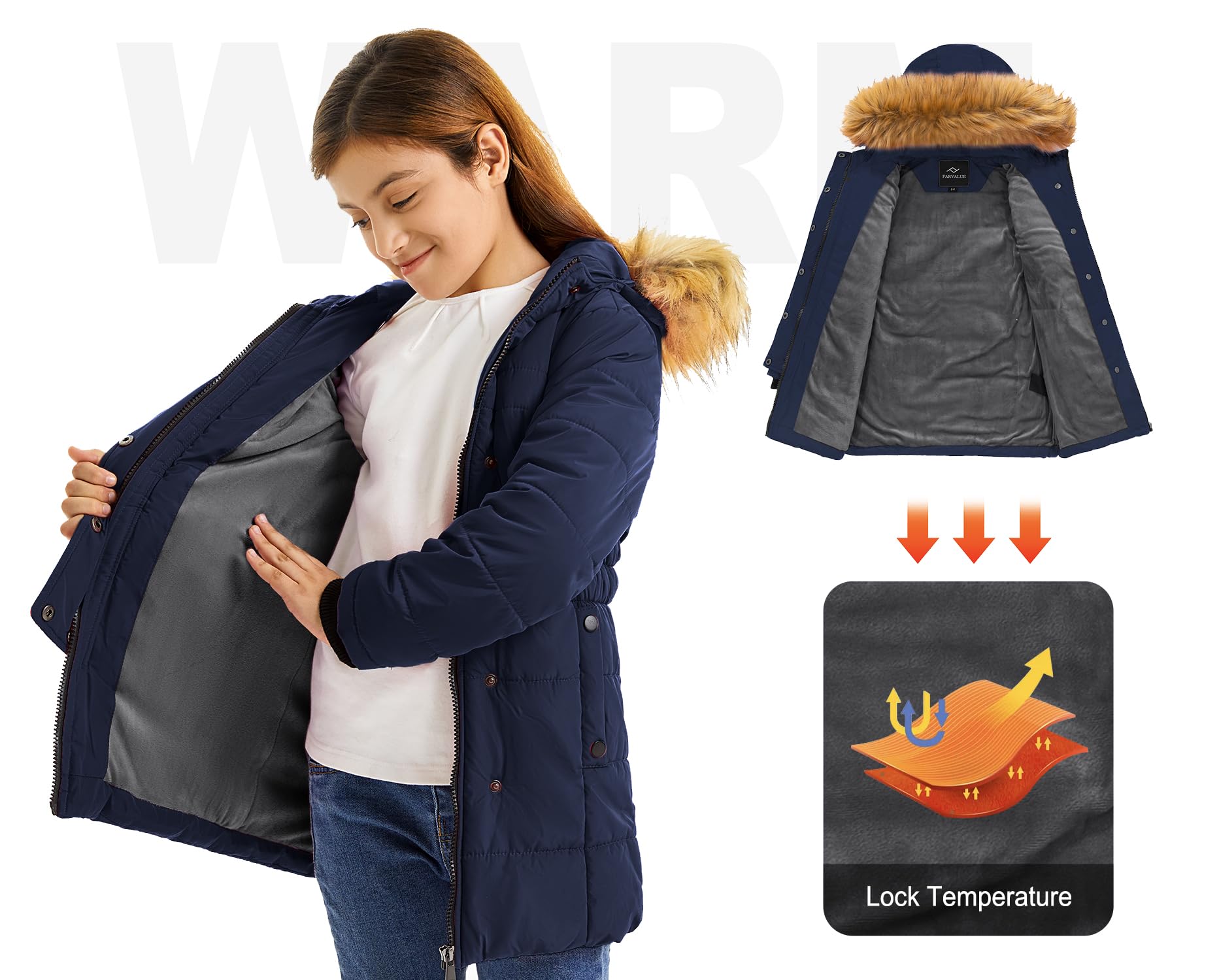 FARVALUE Abrigos cálidos de invierno para niñas, parka larga y gruesa, chaqueta acolchada de forro polar con capucha y cortavientos