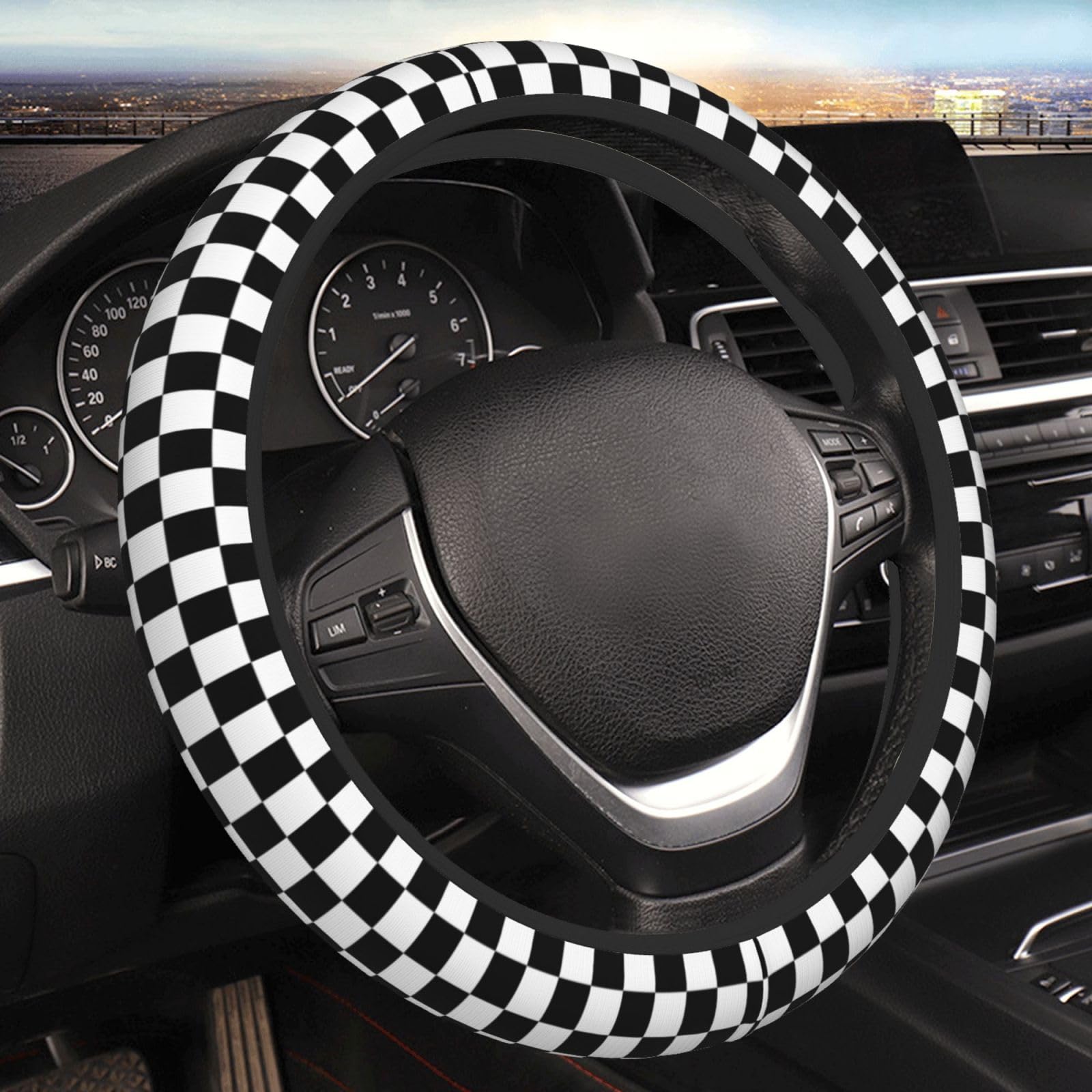 Black And White Checkered Steering Wheel Cover For Women Men Girls Car Accessories Decor Anti-Slip Neoprene Auto Steering Wheel Covers Protector