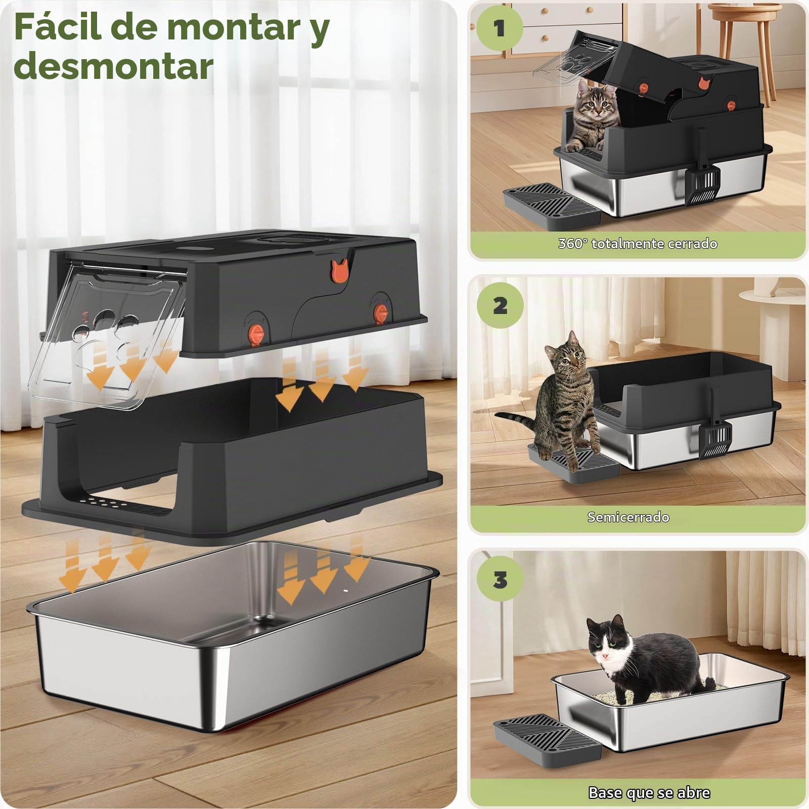 Gimars Caja de Arena para Gatos 3 en 1 de Acero Inoxidable con Laterales Altos y Antifugas, Caja de Arena Cerrada Extragrande de Fácil Limpieza con Pala, Entrada Frontal y Superior para Varios Gatos