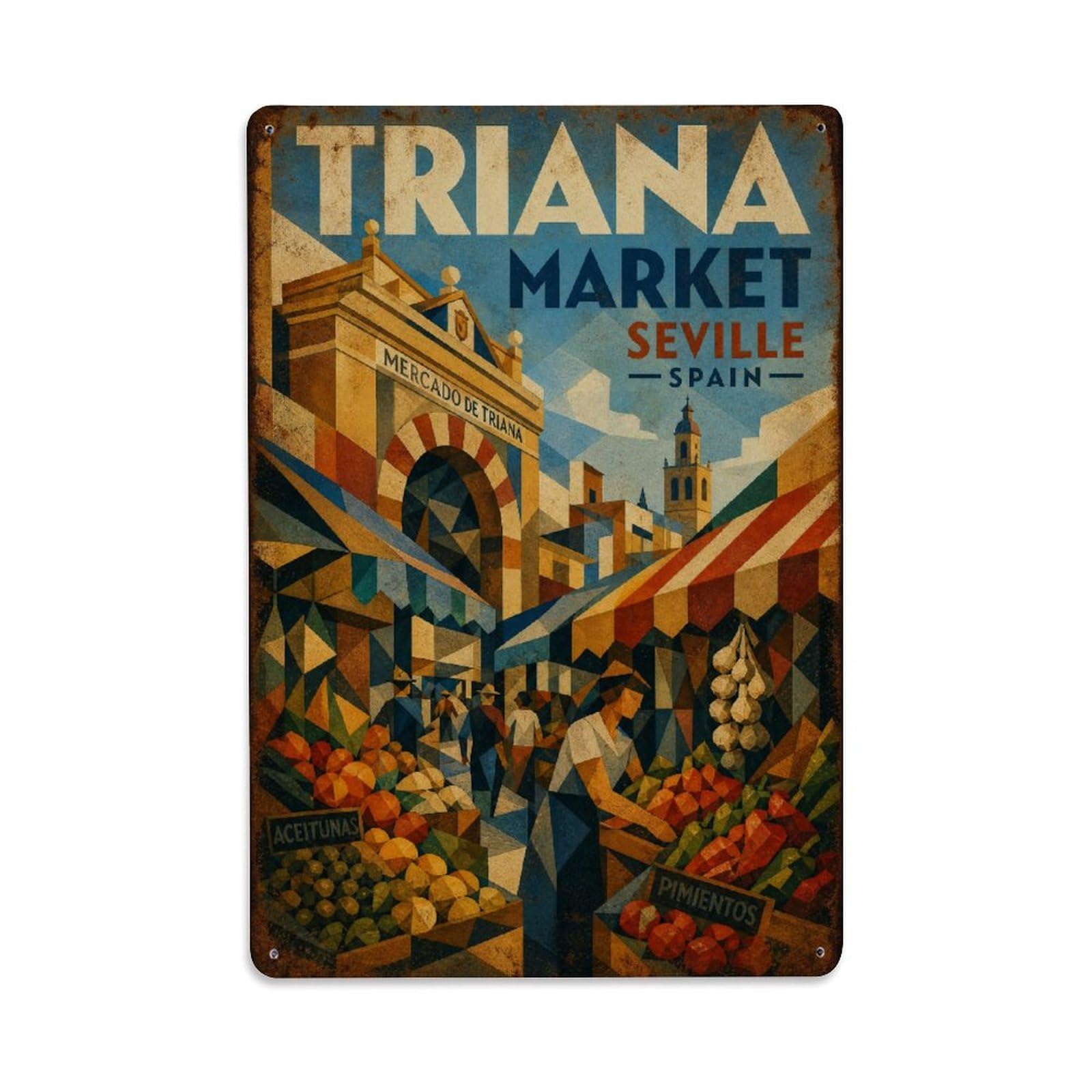 Yrnq 08X12inch Vintage Style Vintage Triana Market Fresh Produce Colorful Stalls Spain Metal Tin Sign