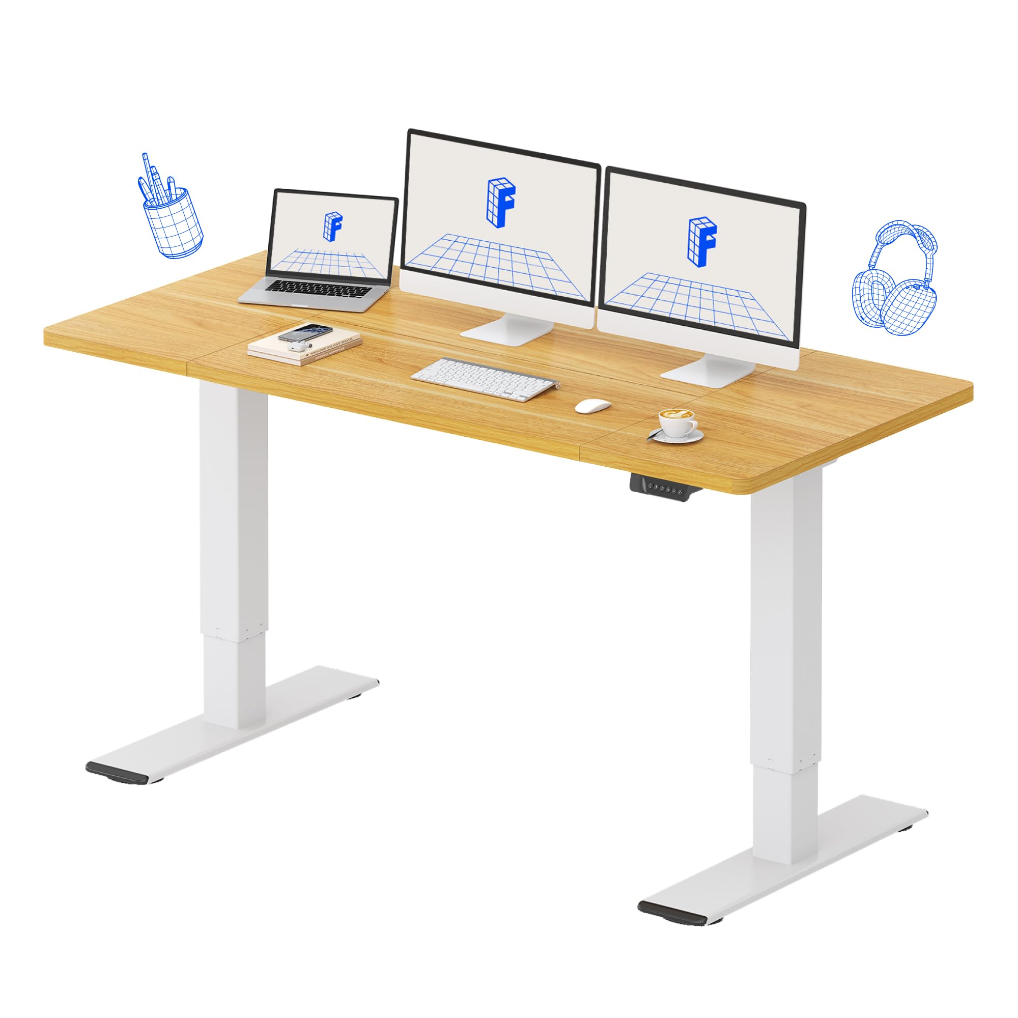 FLEXISPOTDual Motor 63 x 28 Inch Standing Desk, Large Height Adjustable Desk with Memory Controller, Stand Up Desk for Computer Workstation (White Frame + Maple Top, 2 Packages)