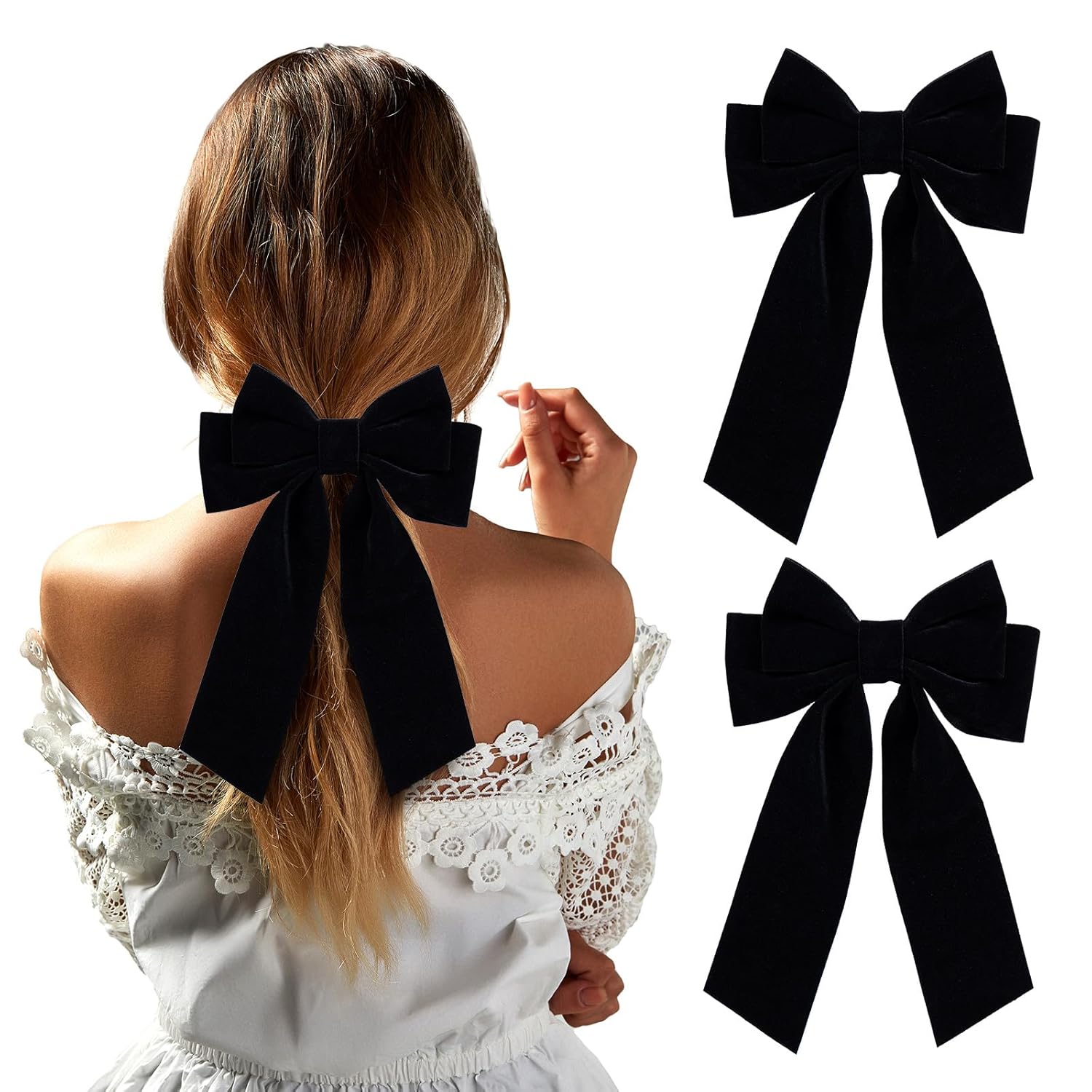 Big Velvet Hair Bows for Women and Girls, 7" Black Hair Clips, Elegant Gift for Mom, Wedding, Prom, Dating Accessories, Back to School Outfits, Classy Bow Hair Ties, 2Pack 2Pack Velvet Black