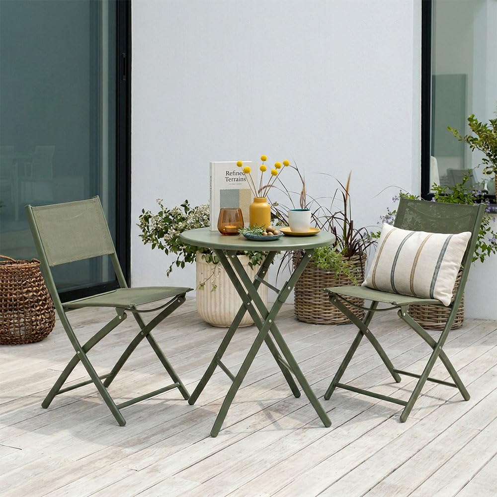 UBERTI. Set Bistrò Pieghevole Balcone Tavolino Rotondo Metallo 2 Sedie Metallo Textilene Verde Oliva