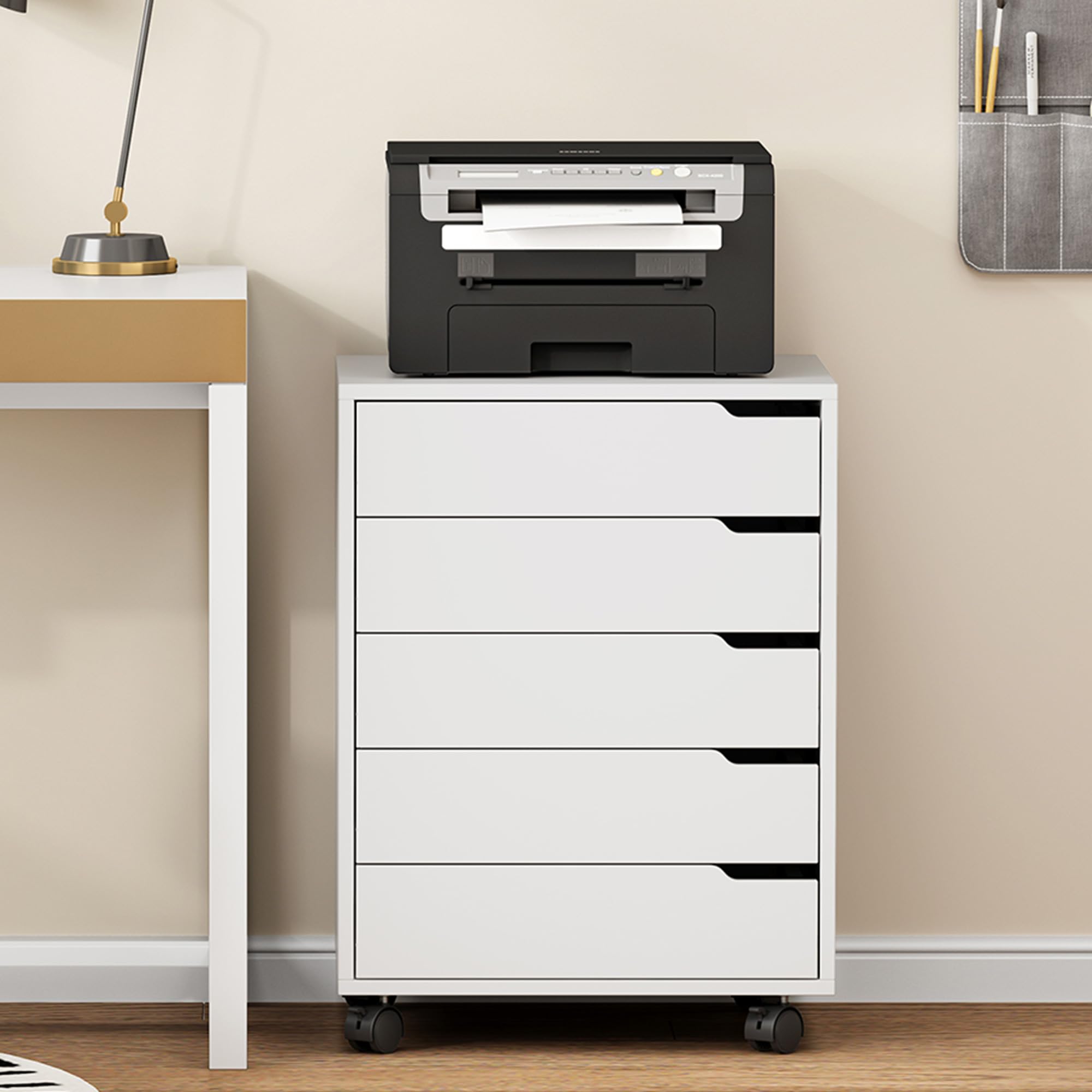 SDHYL Archivador vertical de 5 cajones con asas, carrito con ruedas, cajón con cajones, almacenamiento debajo del escritorio para oficina en casa, 5 cajones, blanco