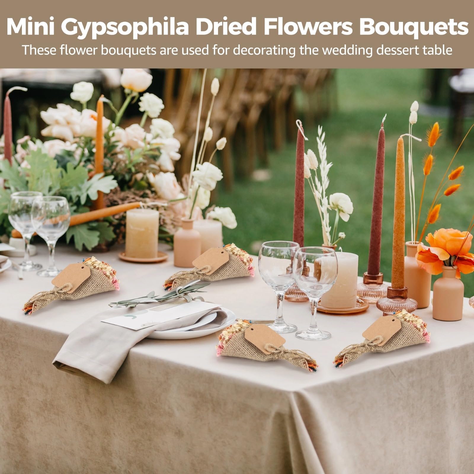 20 Stück Mini Gypsophila Trockenblumenstrauß-Set, bunt in Jute gewickelt mit Thank-You-Tags, als Gastgeschenke für Hochzeit und Party, Größe 6,3 x 3,1 Zoll