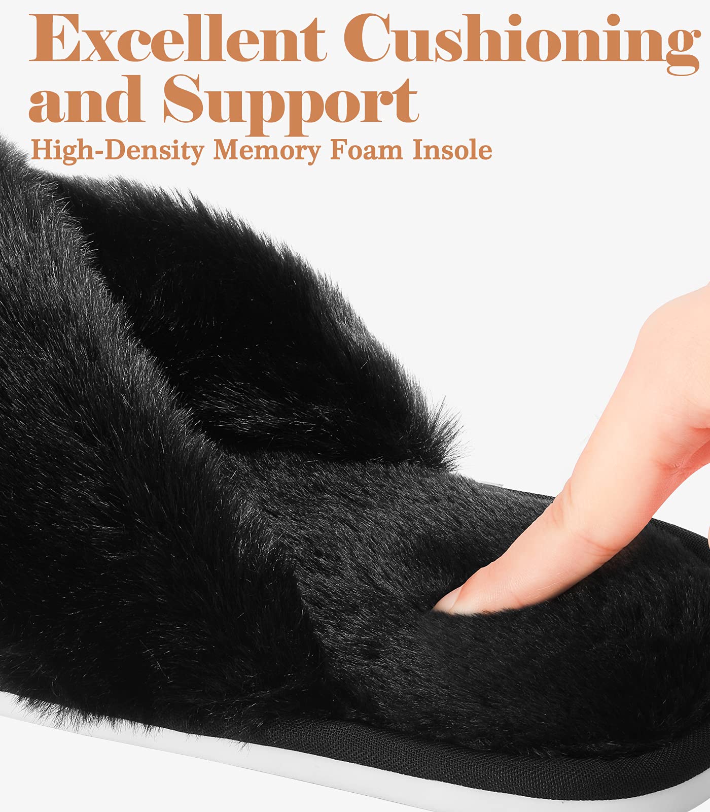 Ankis Womens Fuzzy Memory Foam Slippers Cross Band Cozy Plush Home Slippers Fluffy Furry Open Toe House Shoes Indoor Outdoor Slide Slipper: 9-10 Black