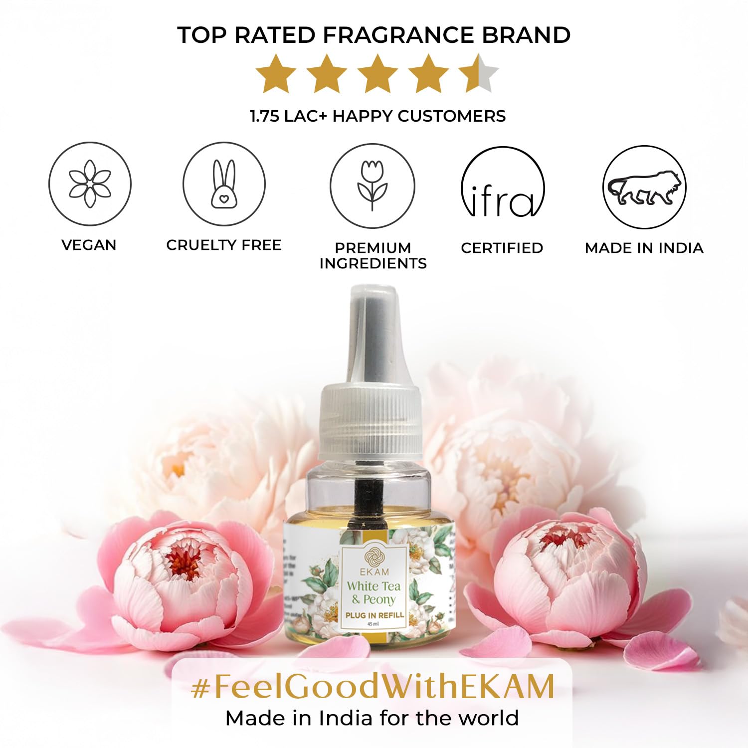 EKAM Plug-In Air Freshener Refill (45ml) | White Tea & Peony Scent for Room/Bathroom | Automatic Refill | Lasts up to 125 Days / 500 Hours | Perfect for Living Rooms, Bedrooms & More - Image 8 thumbnail