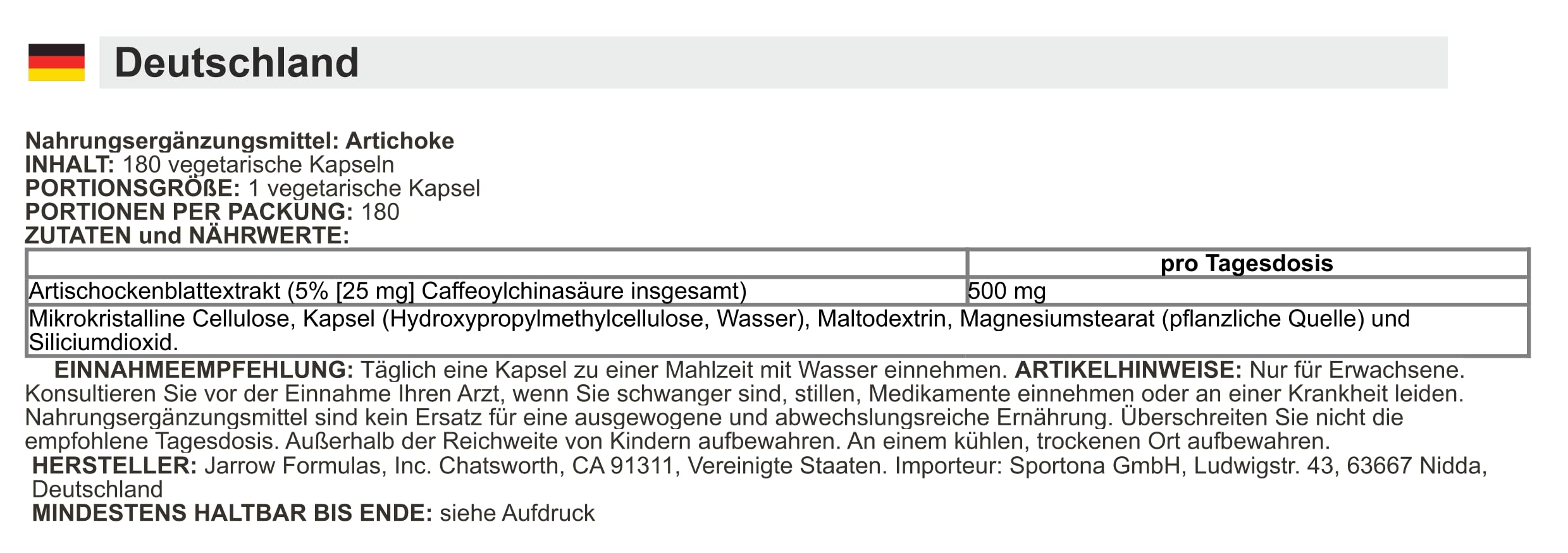 Jarrow Formulas - Artischocke | 500 mg zur Unterstützung der Verdauung - 180 Kapseln