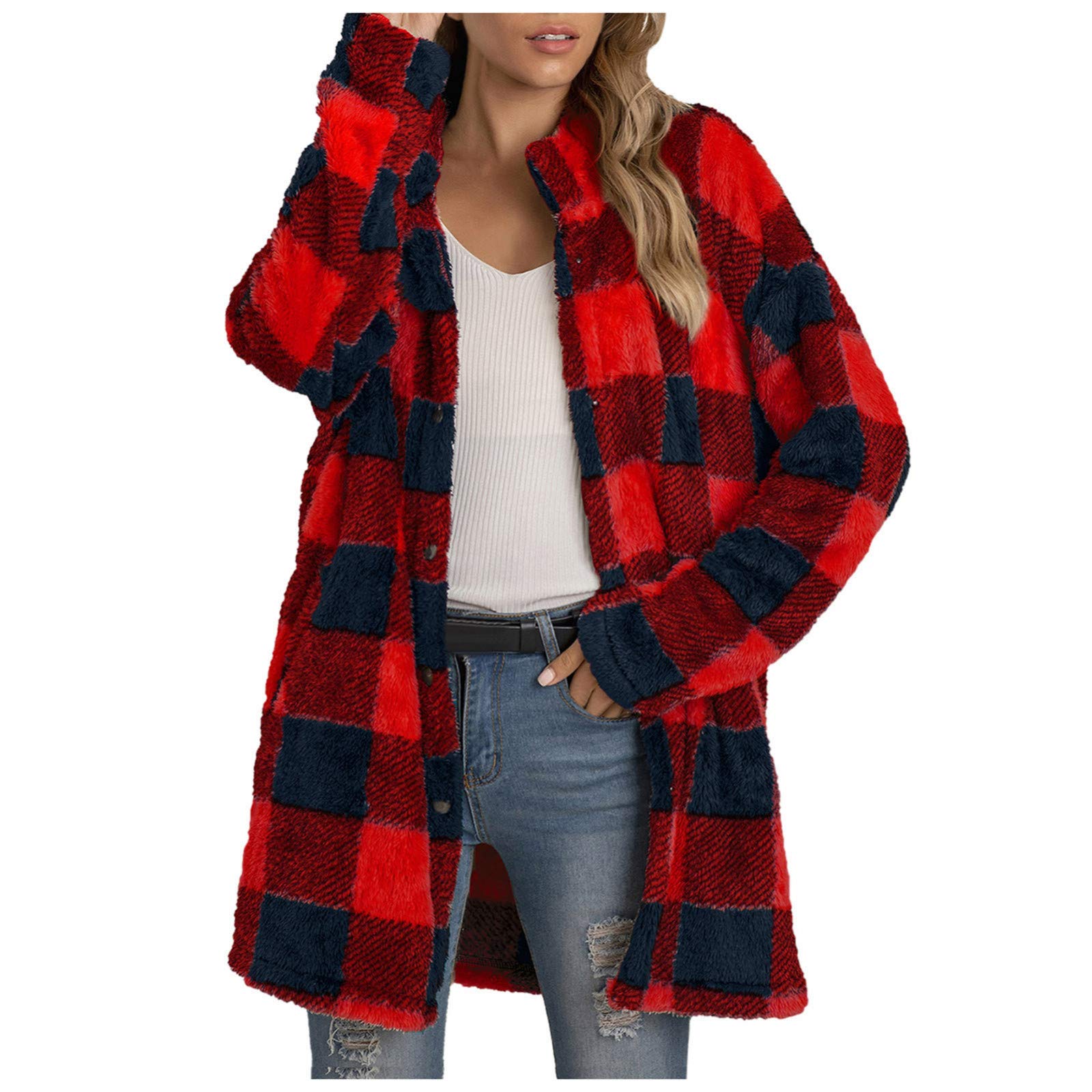 Women's Casual Christmas Plaid Jacket Long Sleeve Buttons Plush Cardigan  Winter Warm Lapel Trench Coat