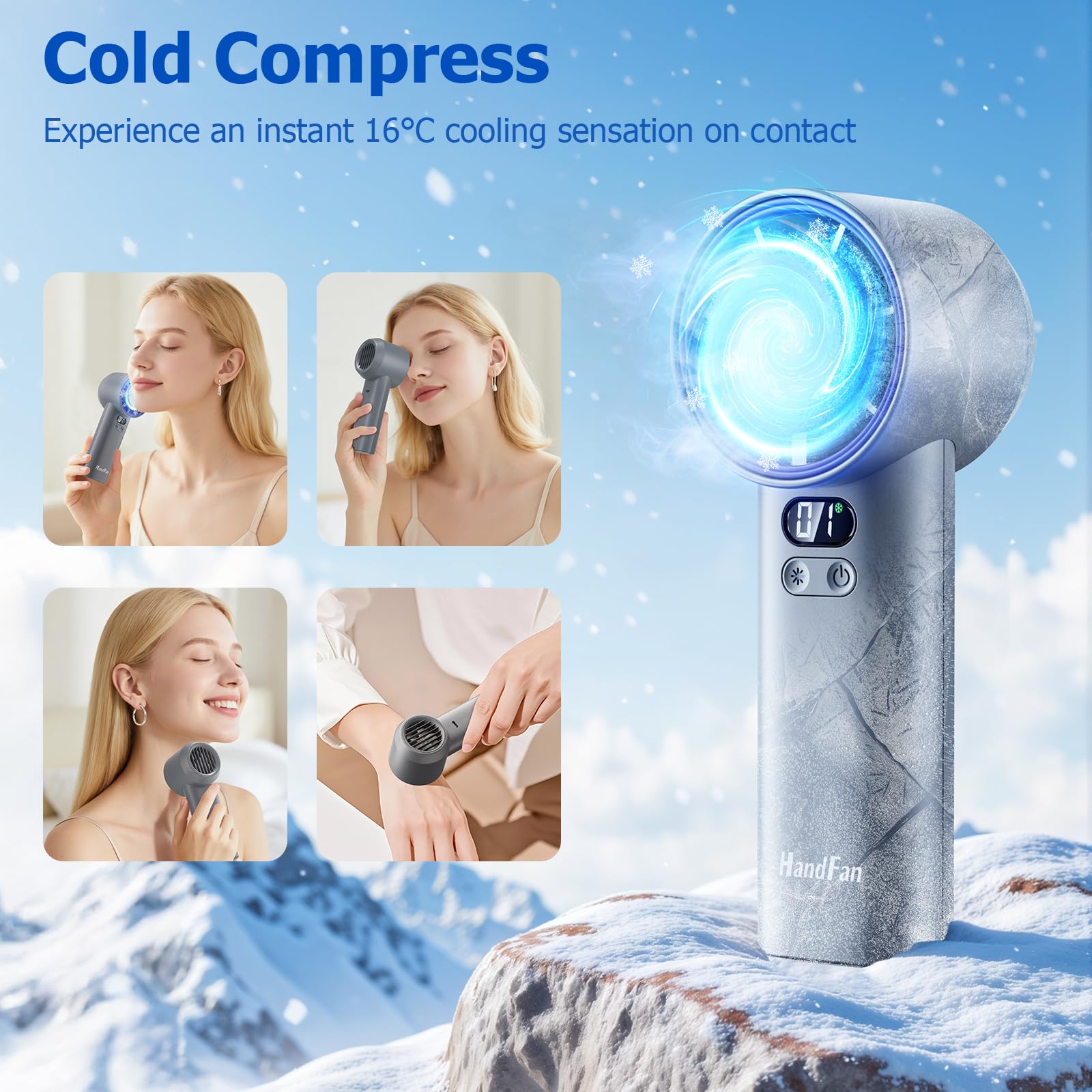 HandFan Ventilador turbo de mano de alta velocidad de 5200 mAh, potente ventilador de hielo de refrigeración de 13000 rpm, mini ventilador de CA portátil, 100 velocidades ajustables, pantalla digital,